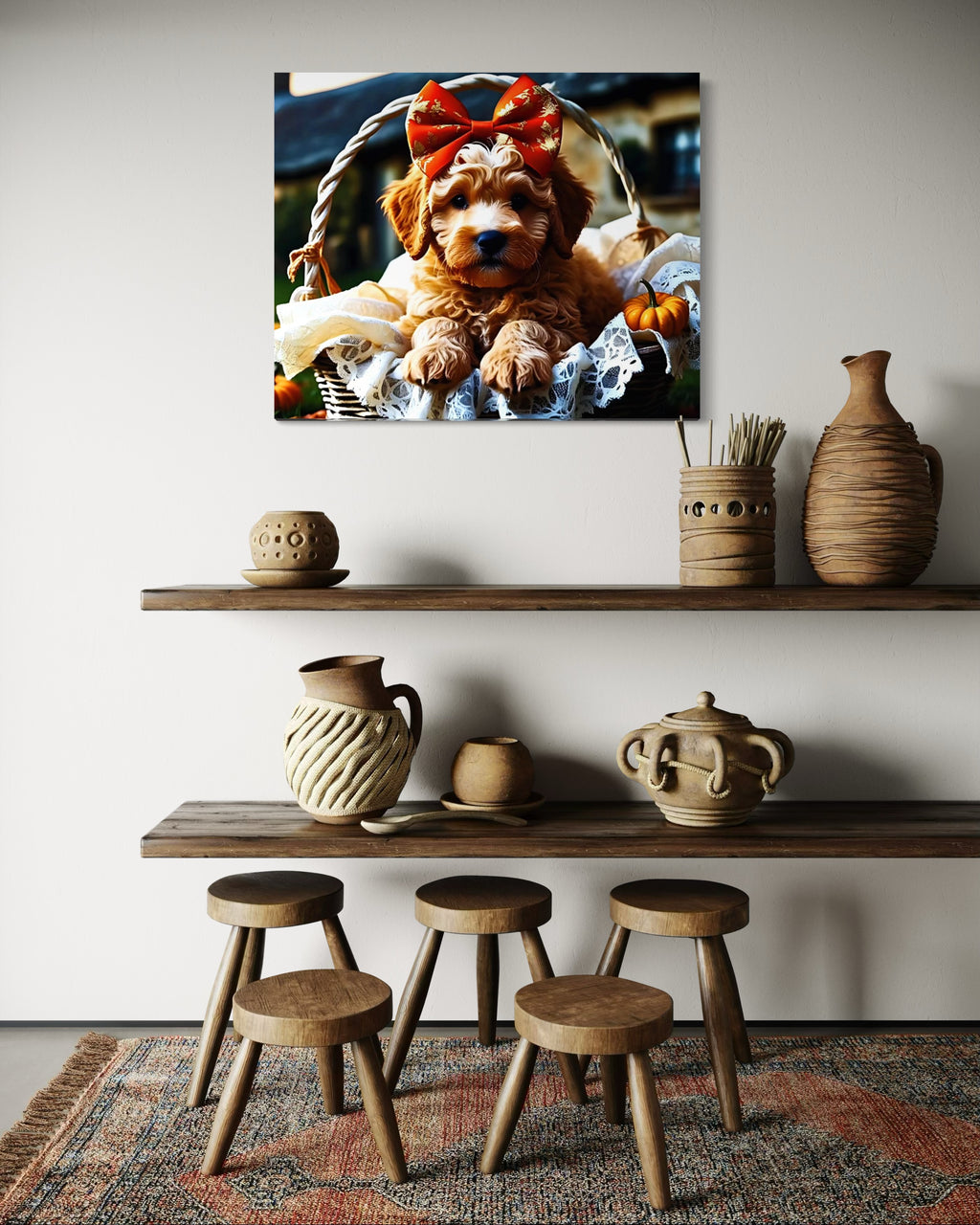 Autumn Goldendoodle Puppy with Bow in Basket