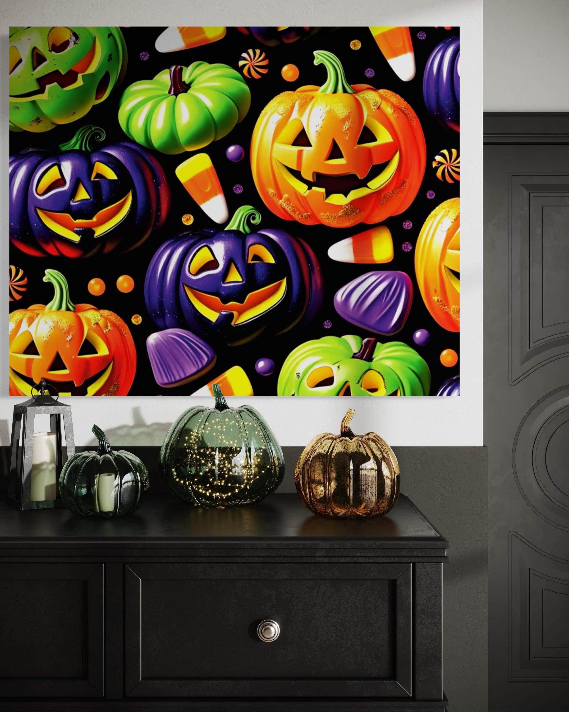 Candy and Pumpkins Pattern on Black