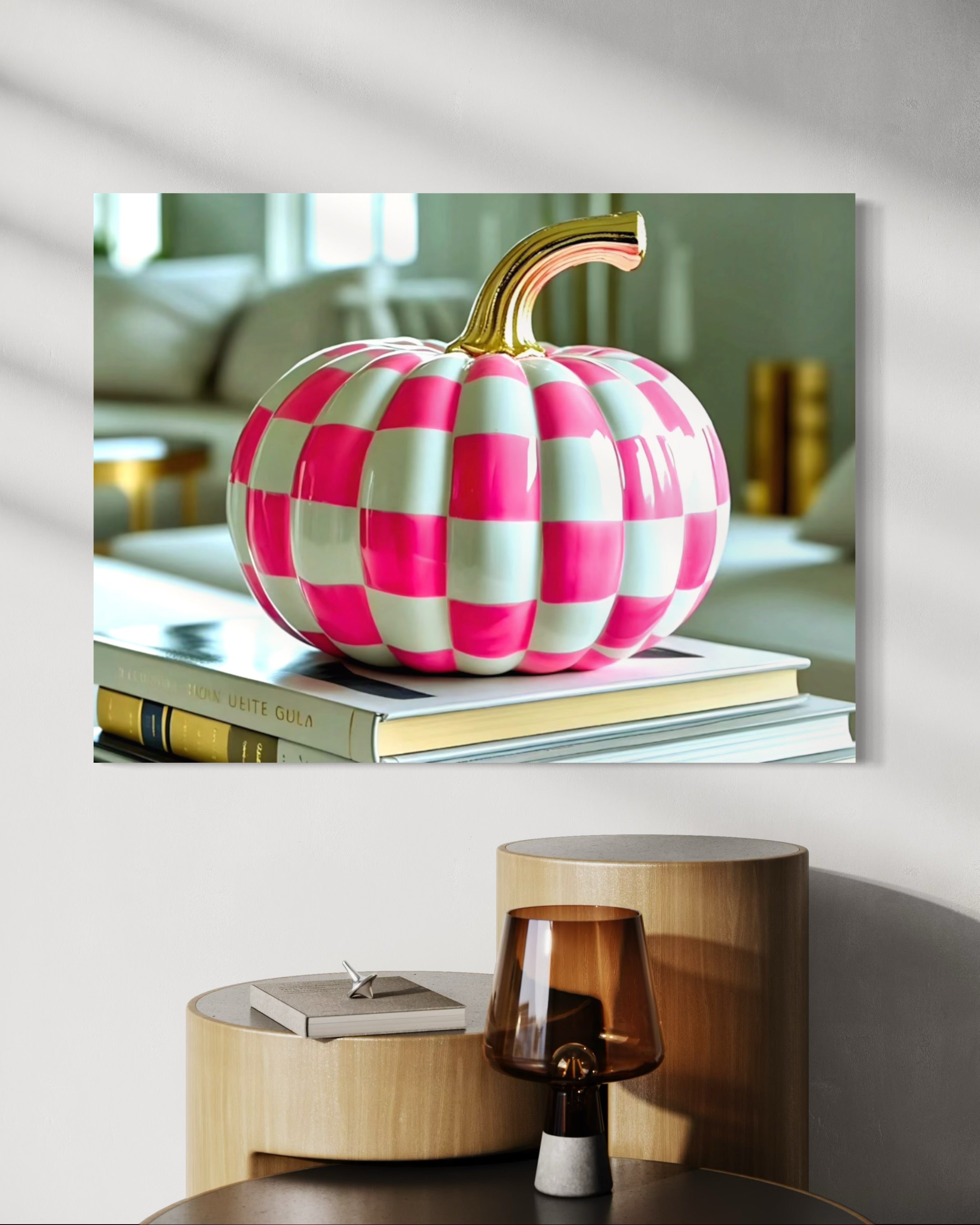 Pink and White Checkered Gold Stem Ceramic Pumpkin
