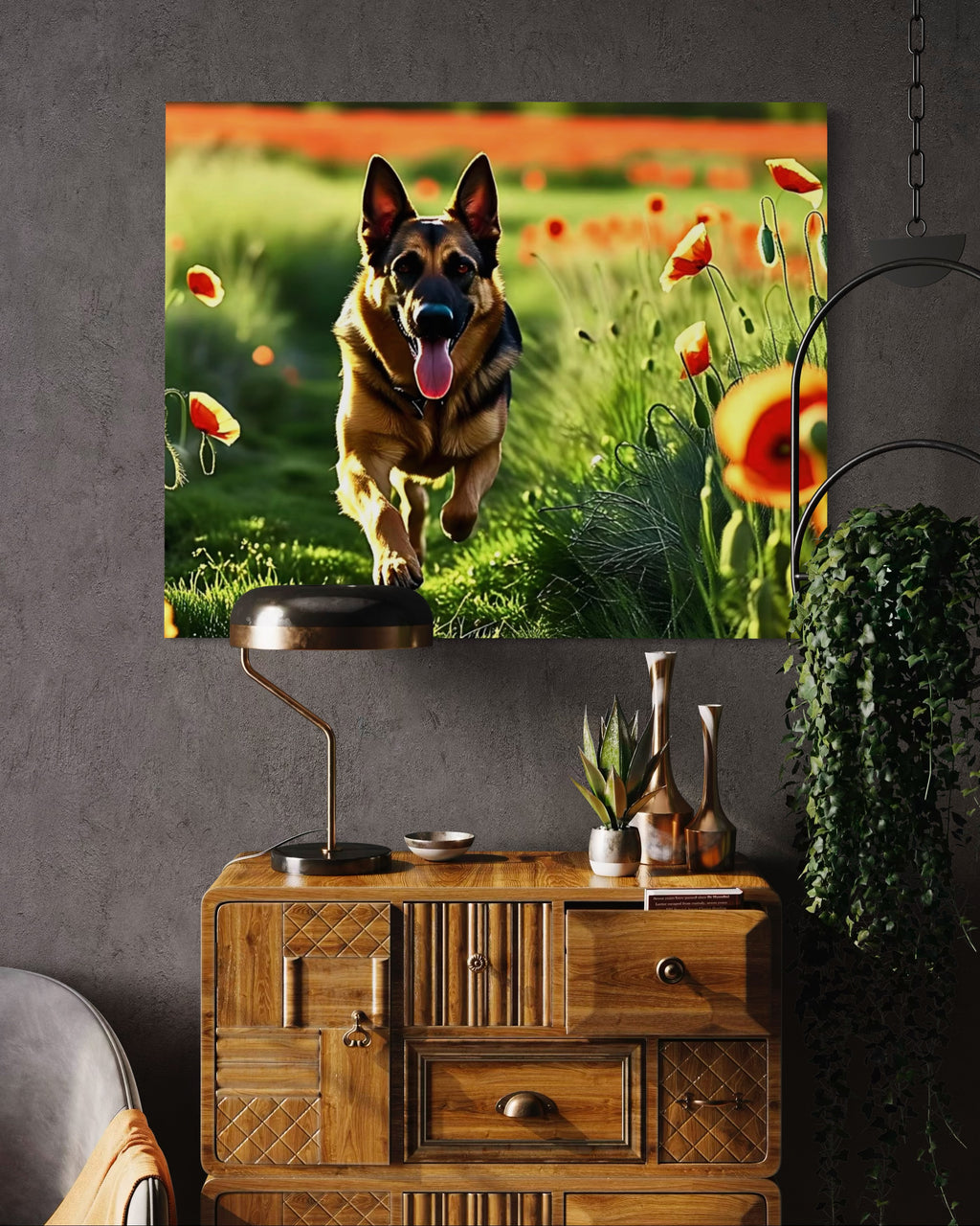 German Shephard Running in a Poppy Field