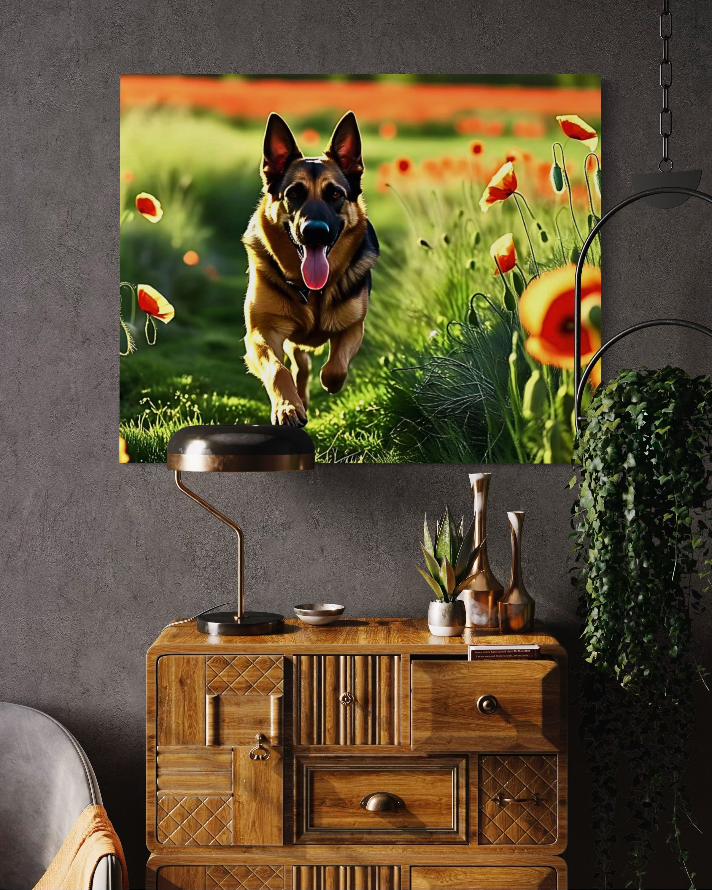 German Shephard Running in a Poppy Field