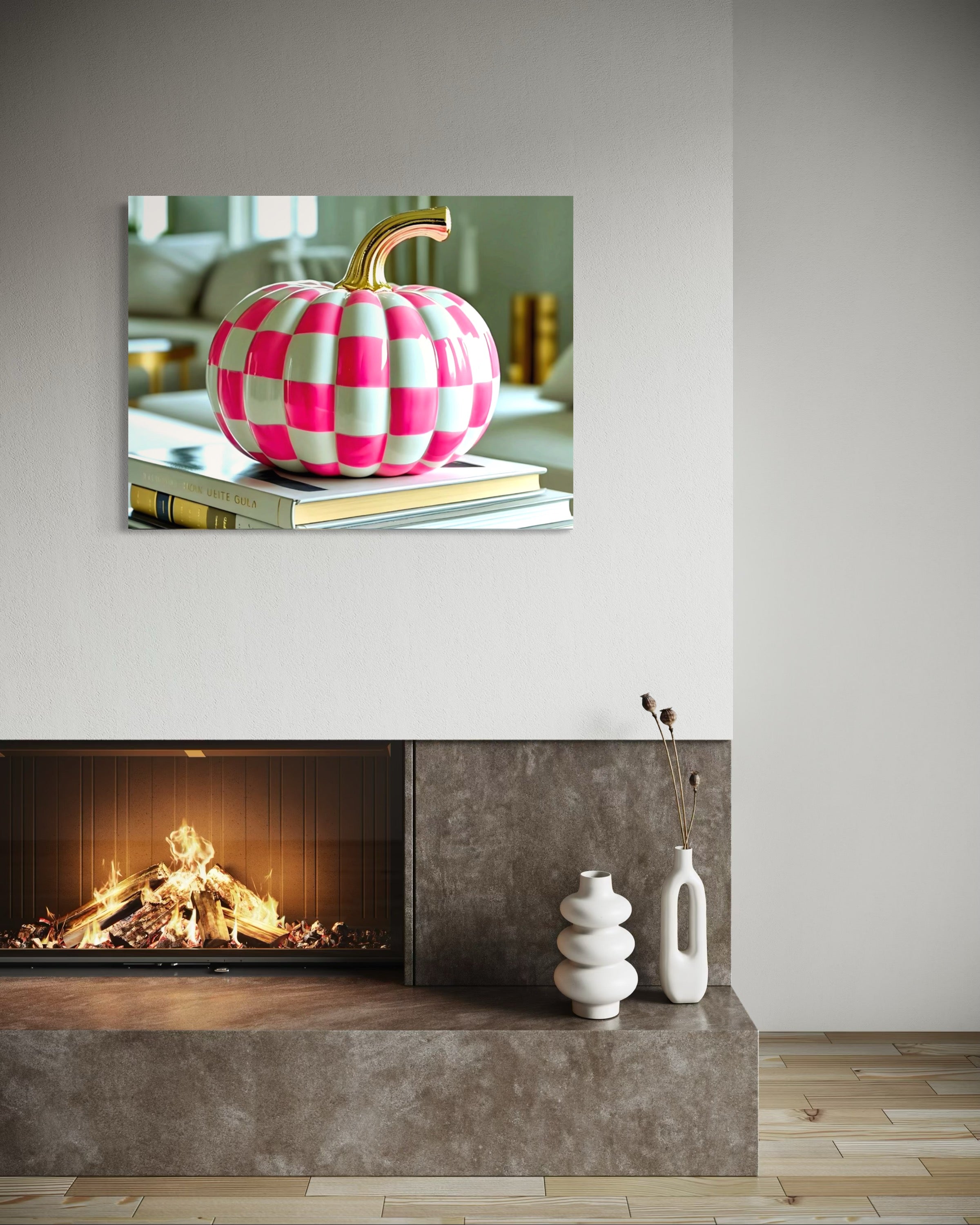 Pink and White Checkered Gold Stem Ceramic Pumpkin