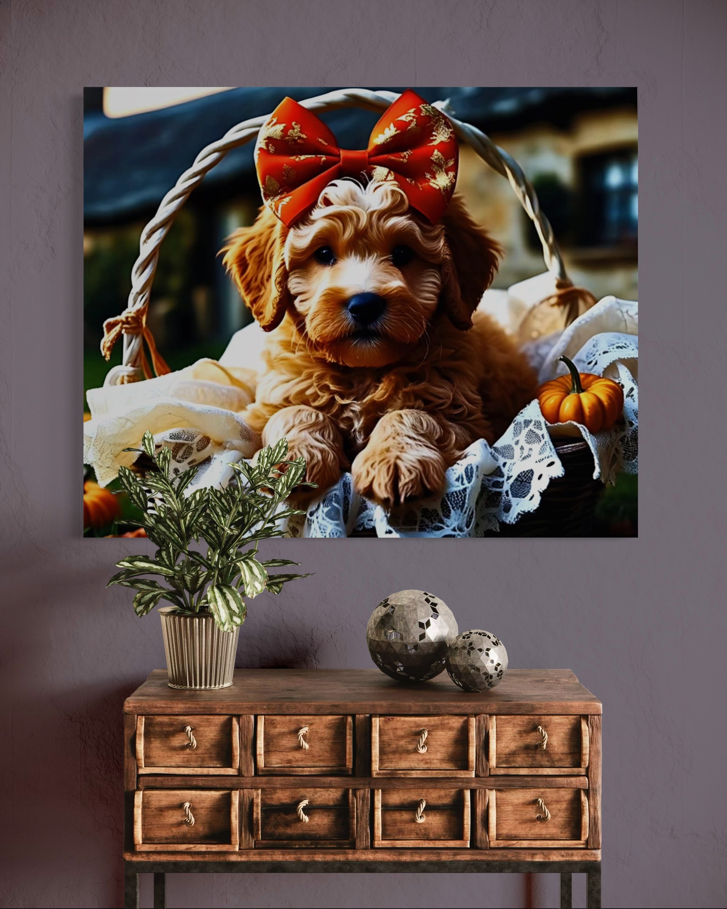 Autumn Goldendoodle Puppy with Bow in Basket