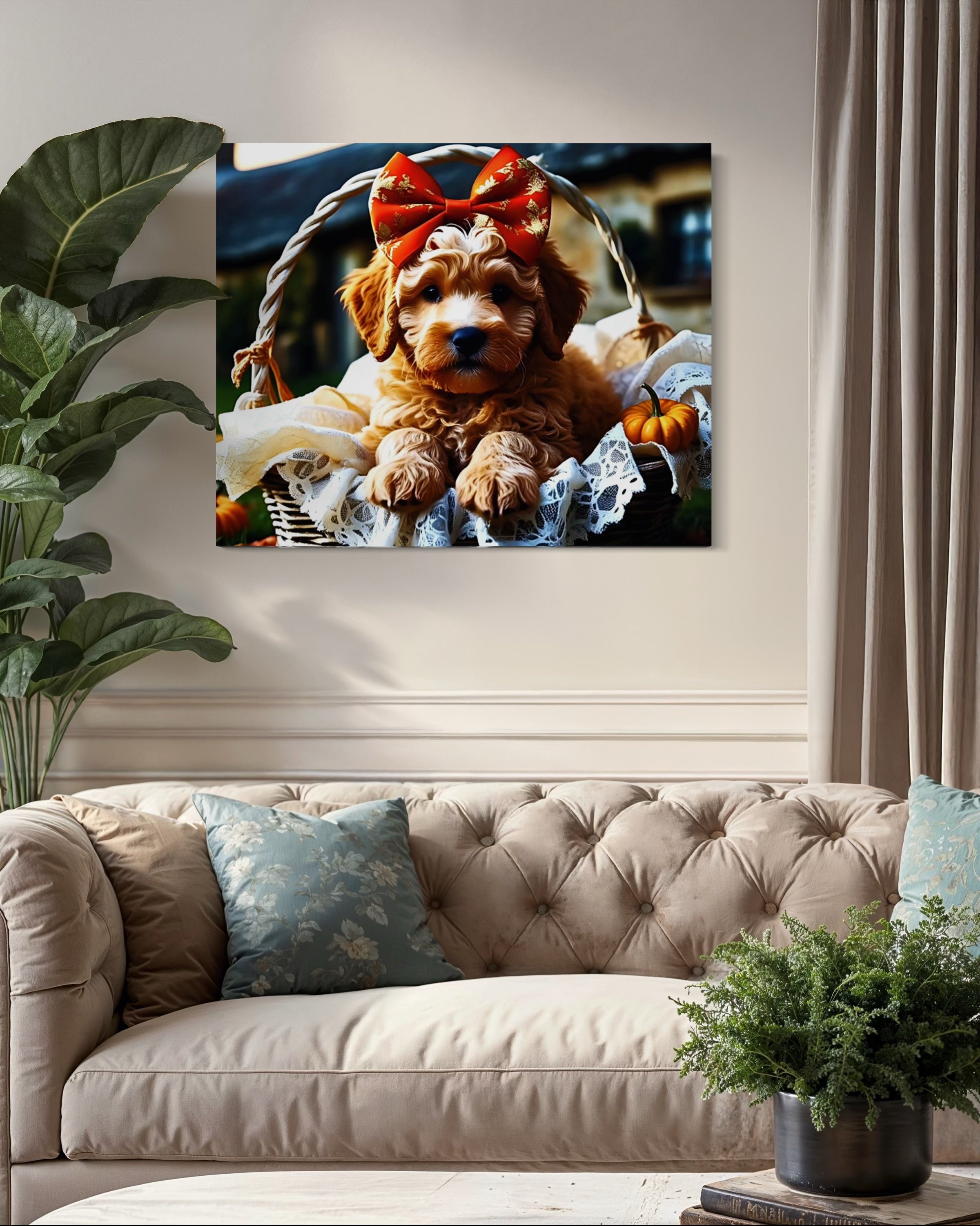 Autumn Goldendoodle Puppy with Bow in Basket
