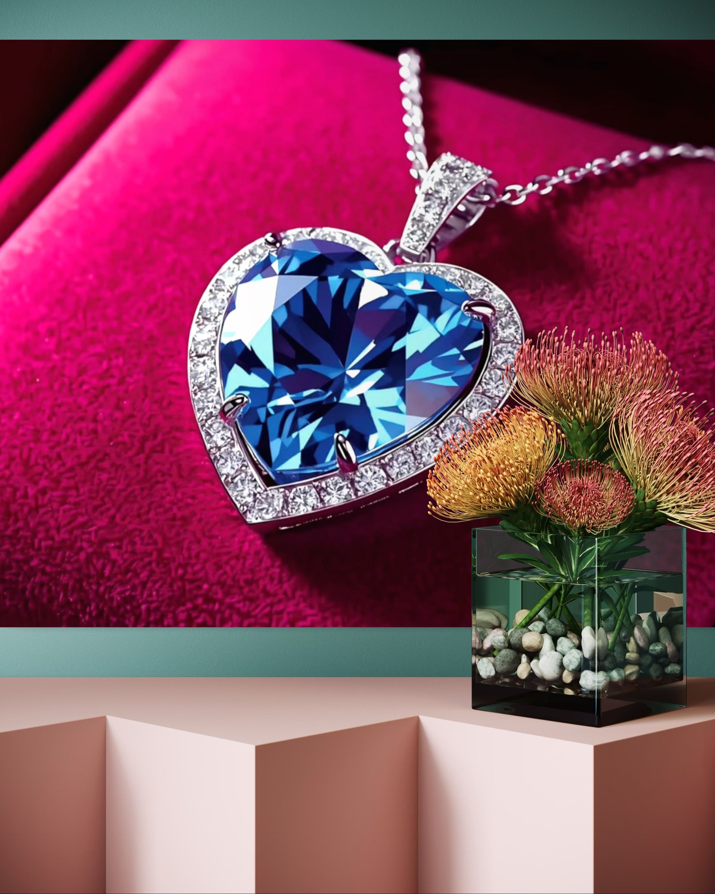Blue Diamond Heart Necklace on Pink Velvet Museum Print