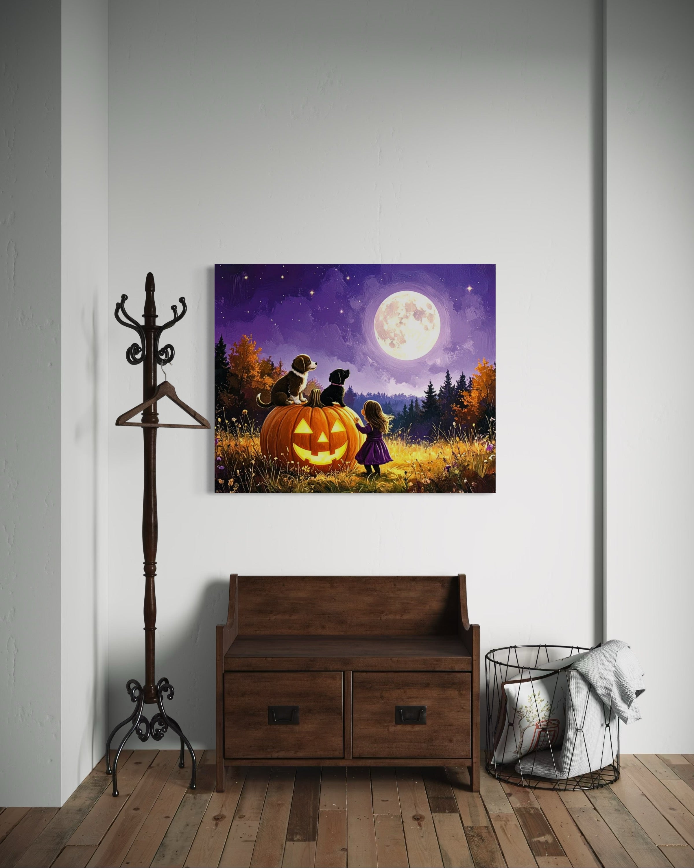 Little Girl and Puppies in the Moonlight
