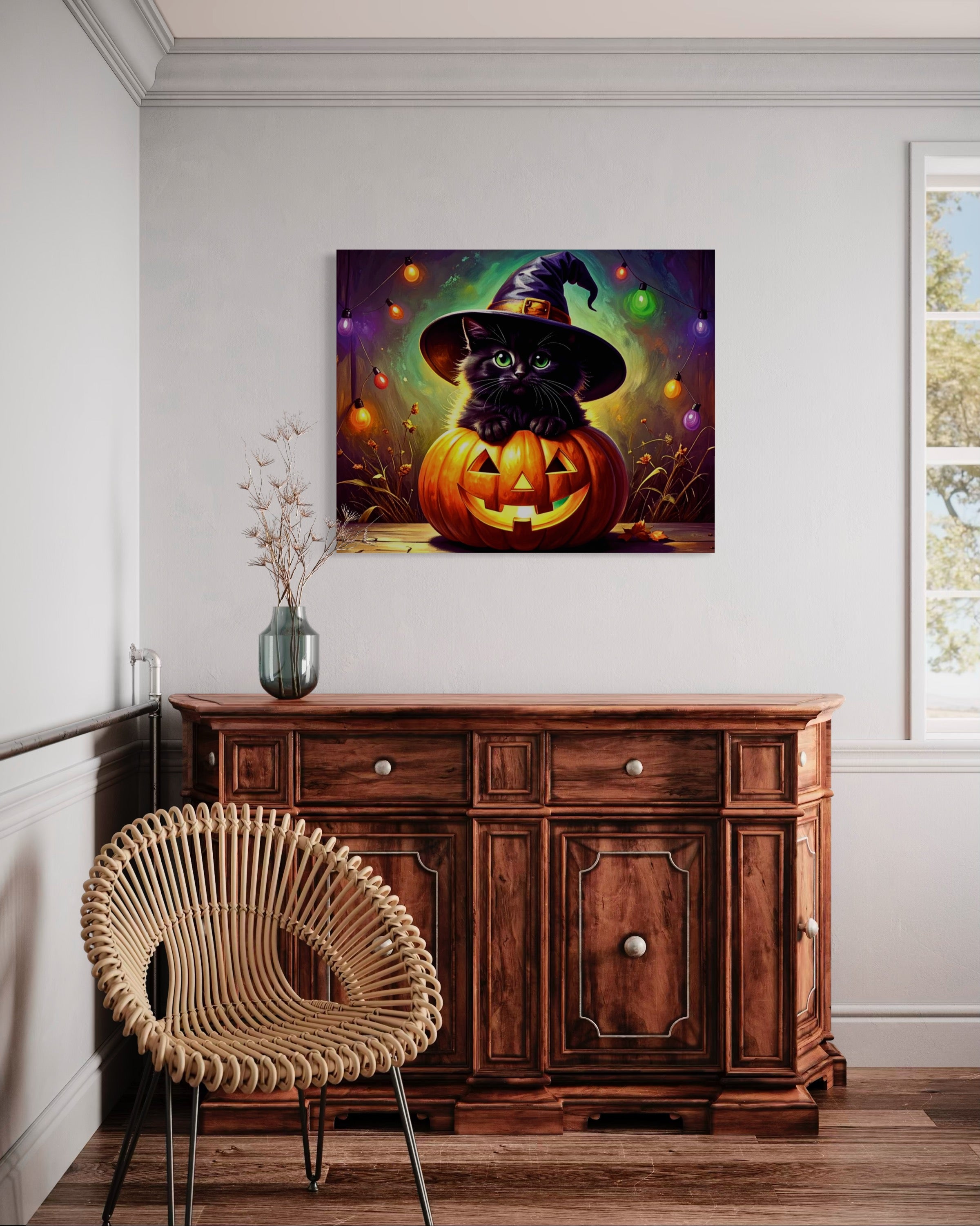 Kitten in Jack O Lantern with Witch Hat