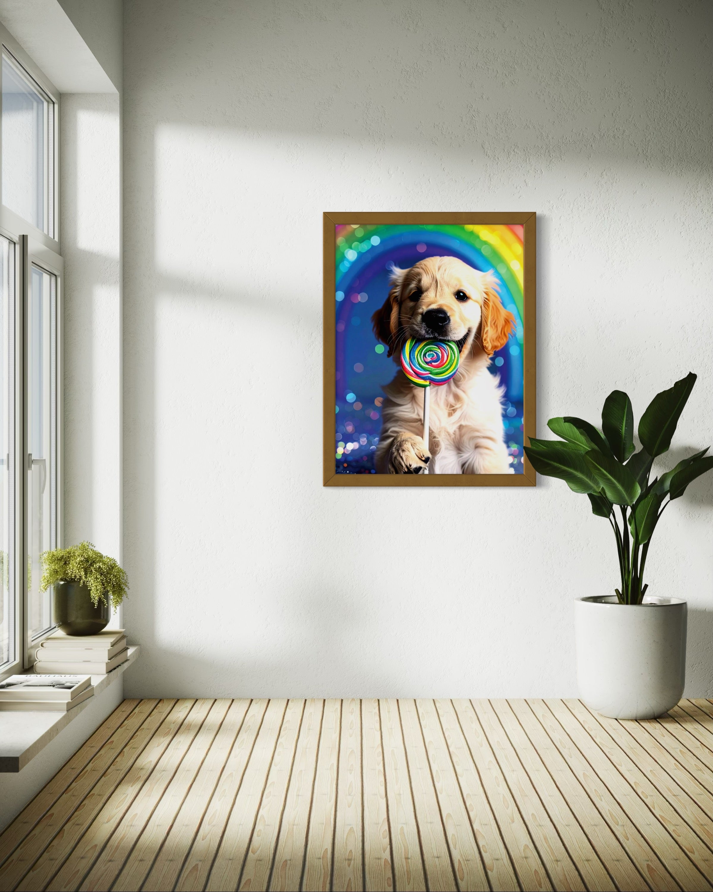 Golden Retriever Puppy with Rainbow Lollipop Museum Print