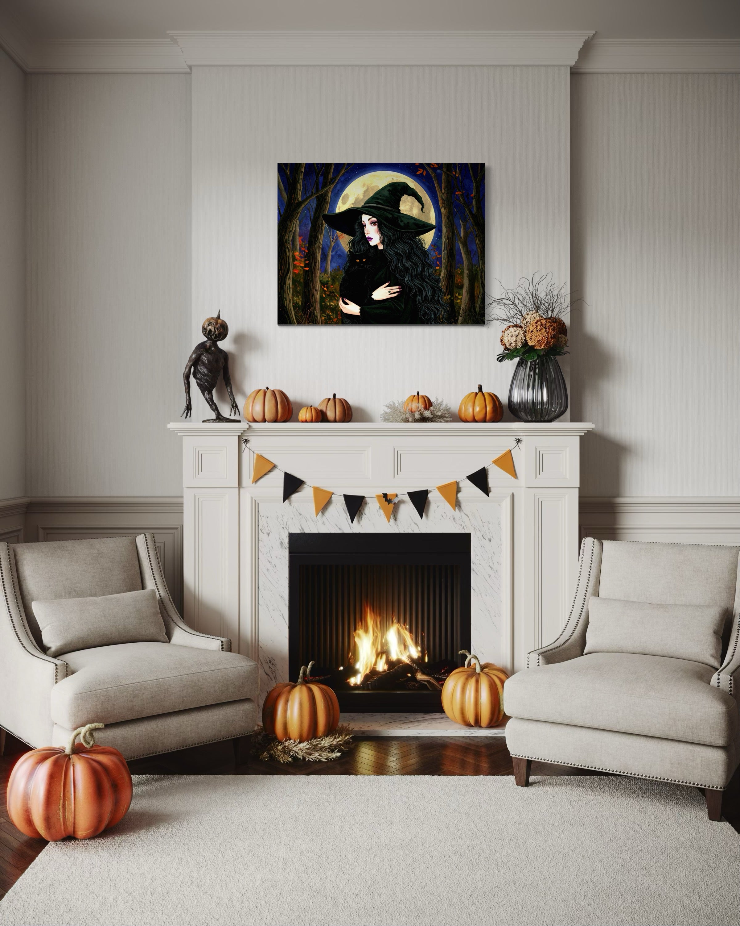 Witch and Cat in Moonlight