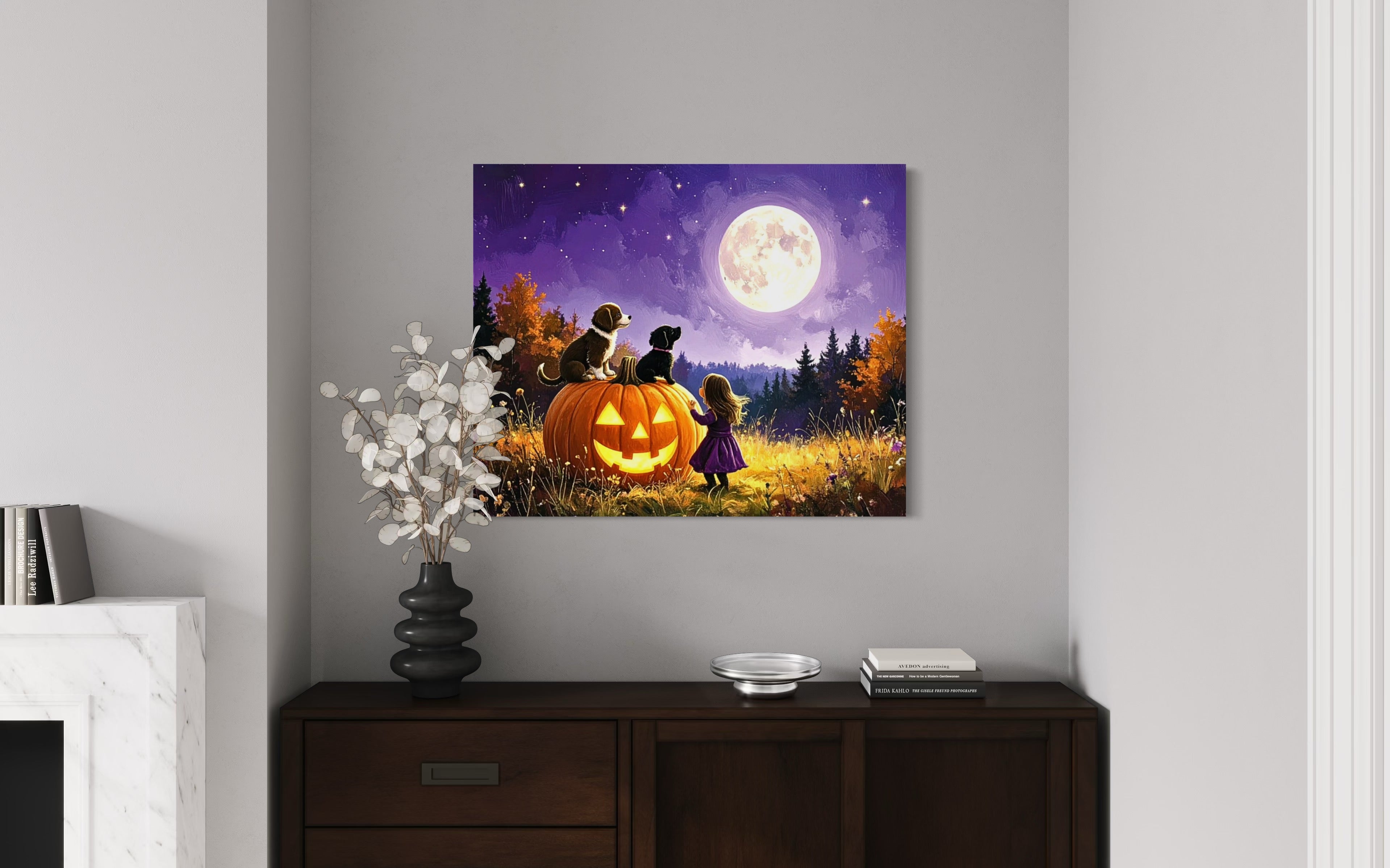 Little Girl and Puppies in the Moonlight