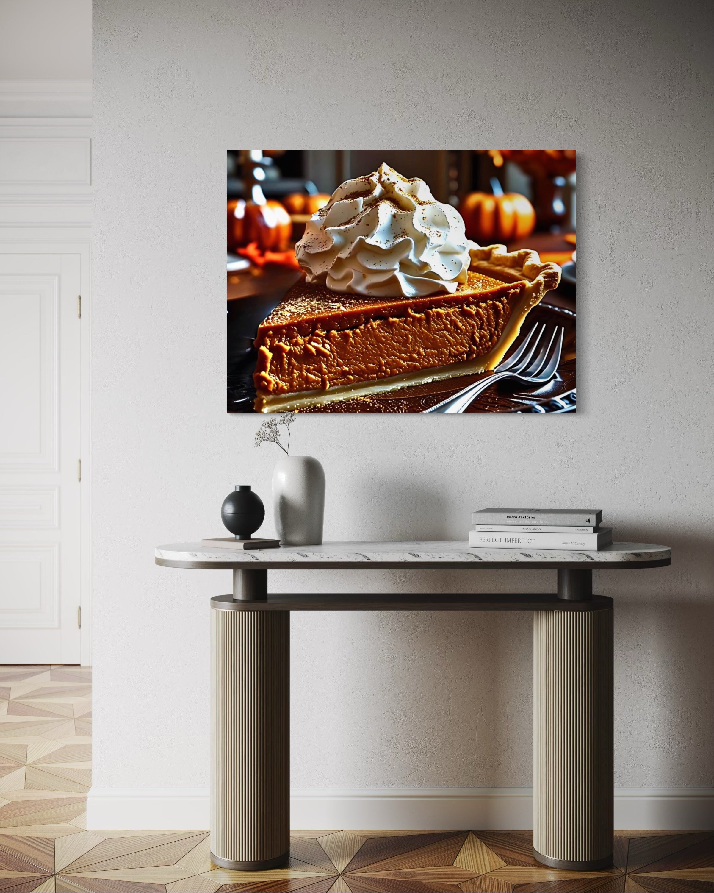 Pumpkin Pie Slice topped with Whipped Cream and Nutmeg