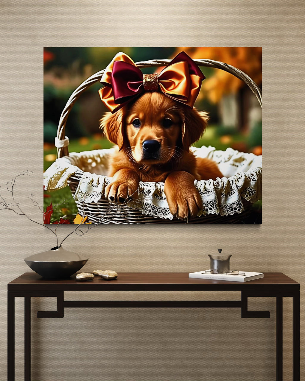 Autumn Golden Retriever Girl Puppy with a bow in a Basket