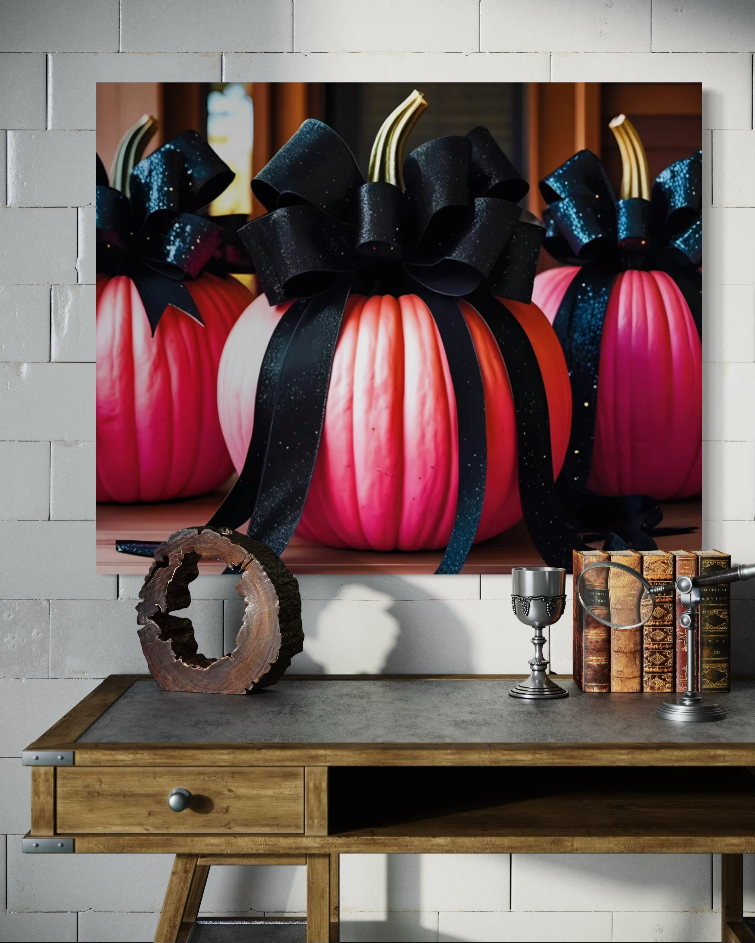 Pink Porch Pumpkins with Black Glittering and Velvet Bows