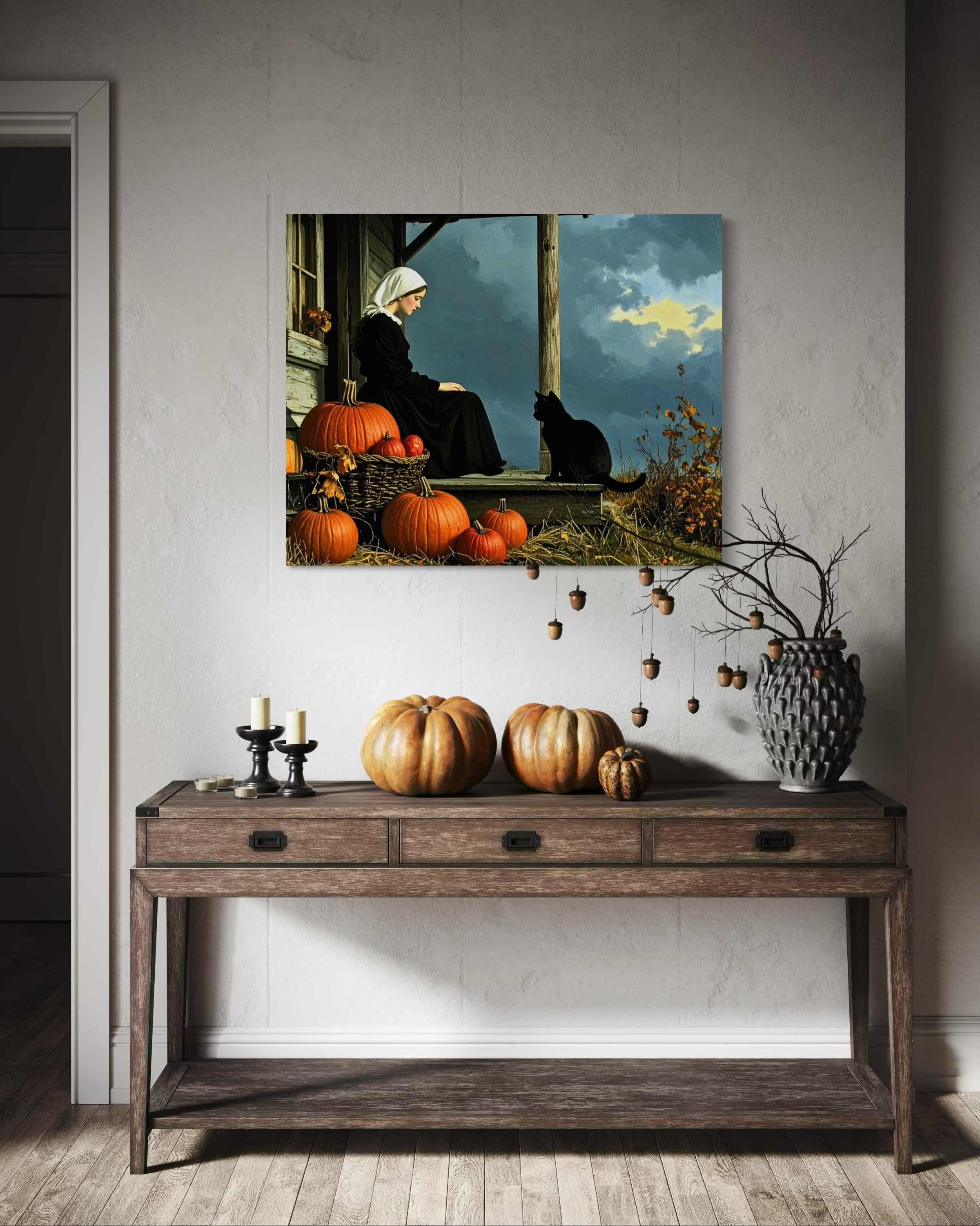 Pilgrim Girl with Cat and Pumpkins