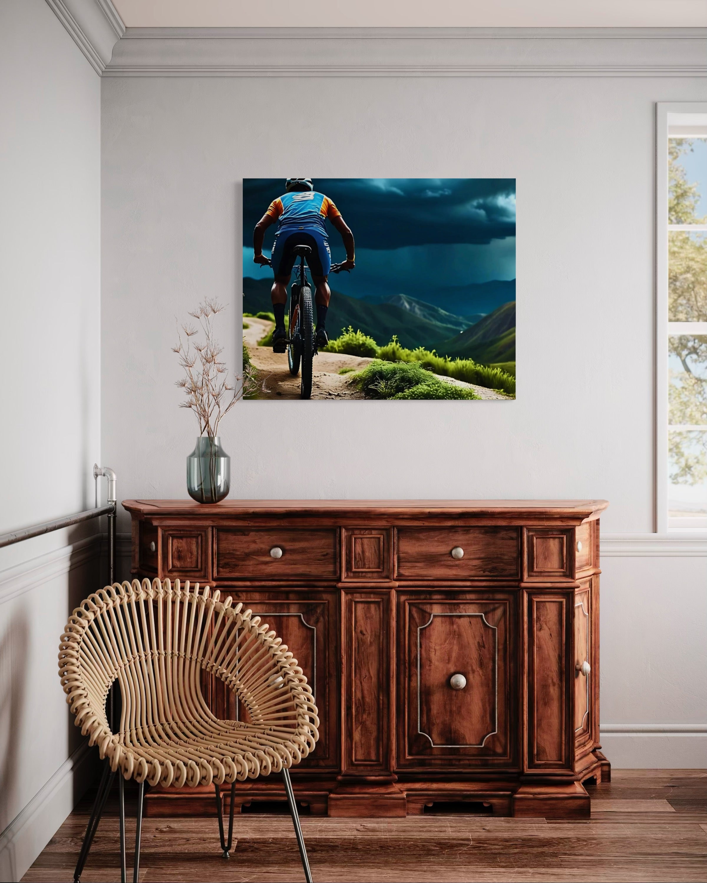Men Mountain Biking into Rain Museum Print