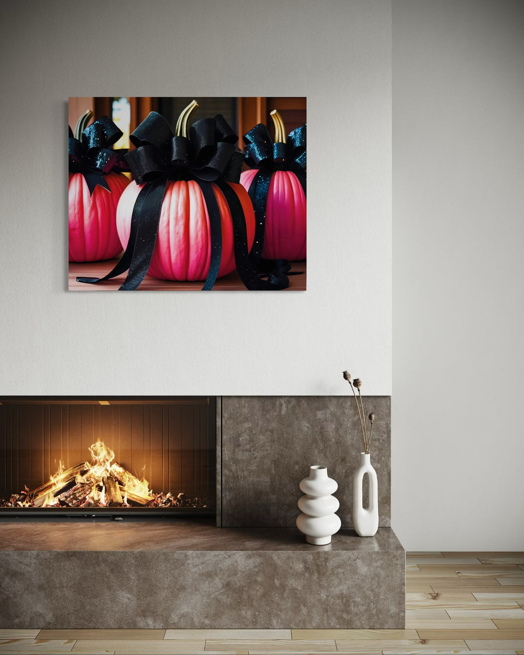 Pink Porch Pumpkins with Black Glittering and Velvet Bows