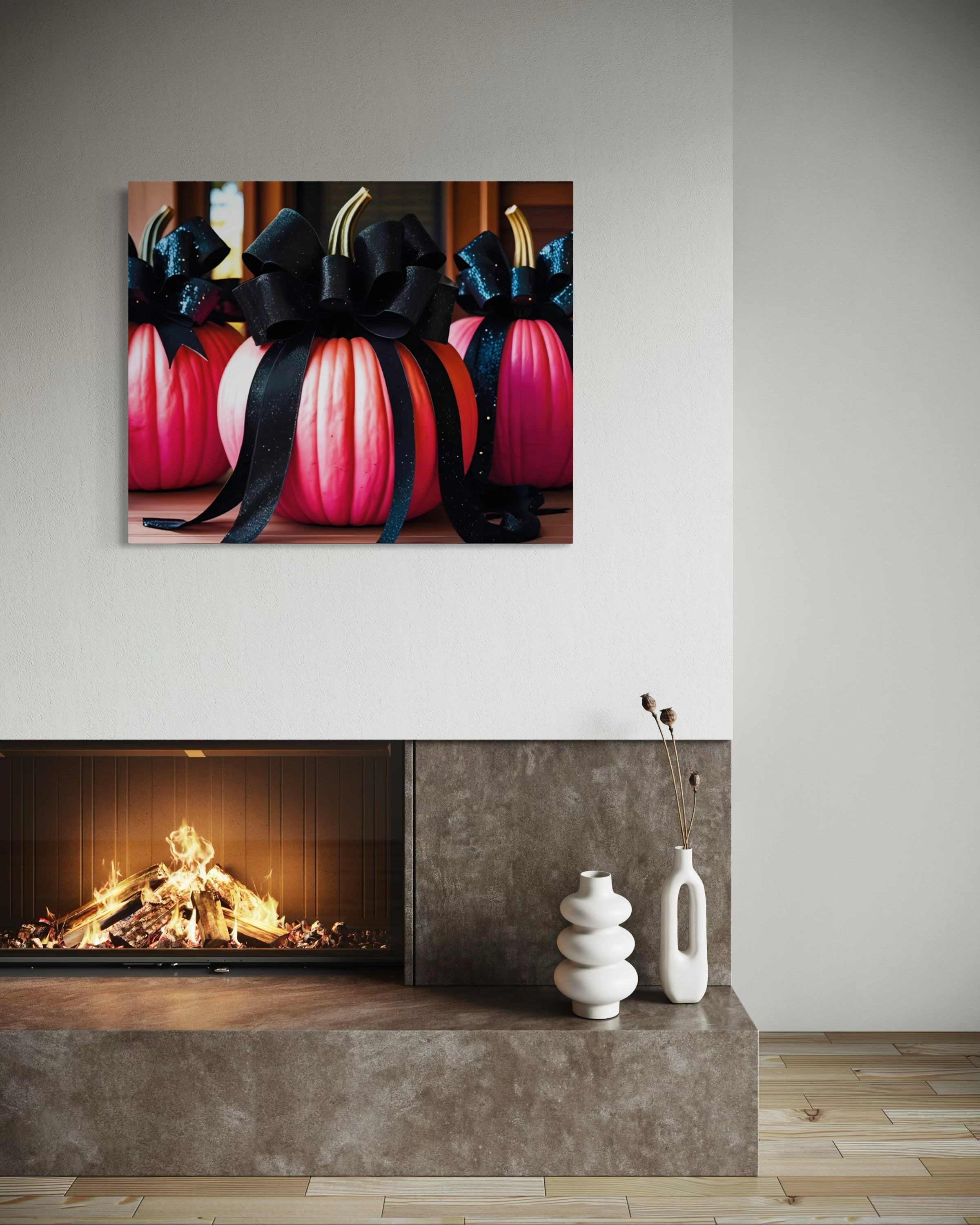 Pink Porch Pumpkins with Black Glittering and Velvet Bows