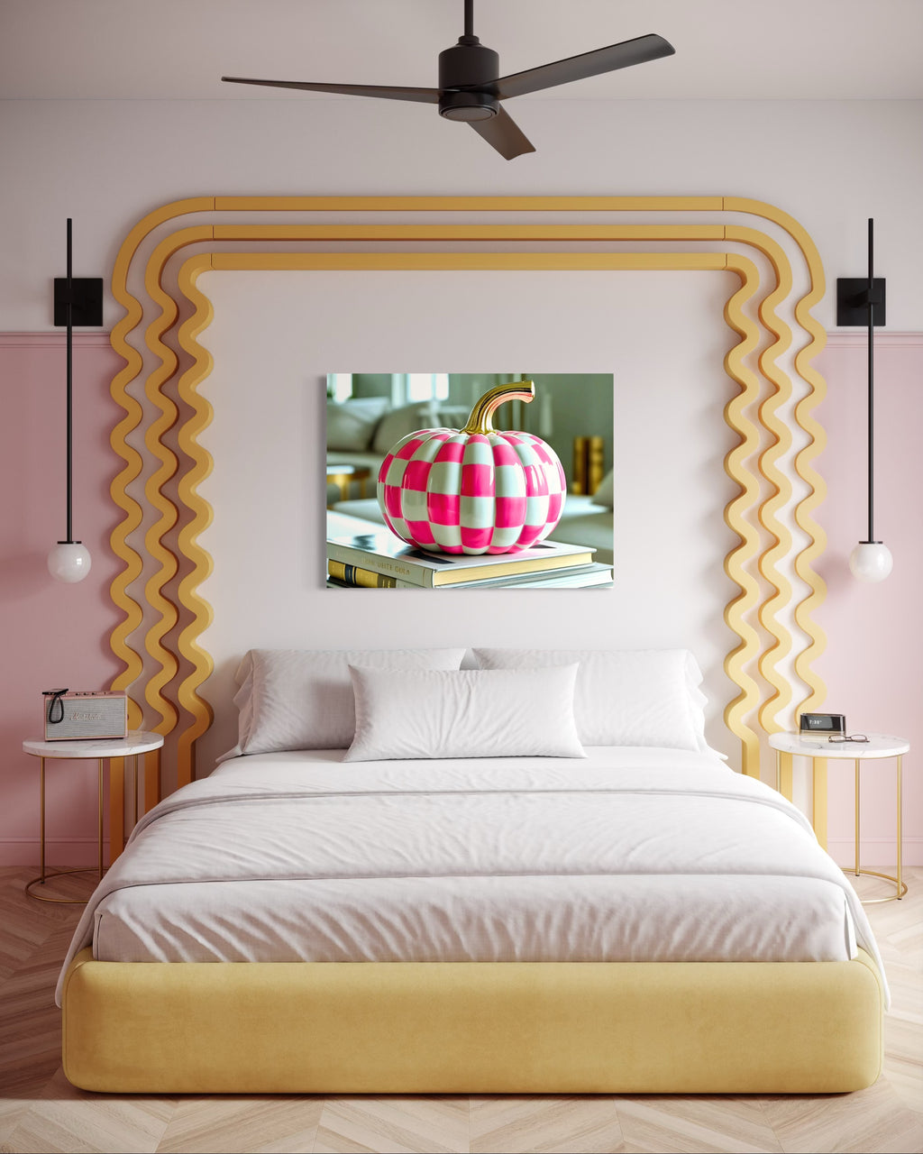 Pink and White Checkered Gold Stem Ceramic Pumpkin