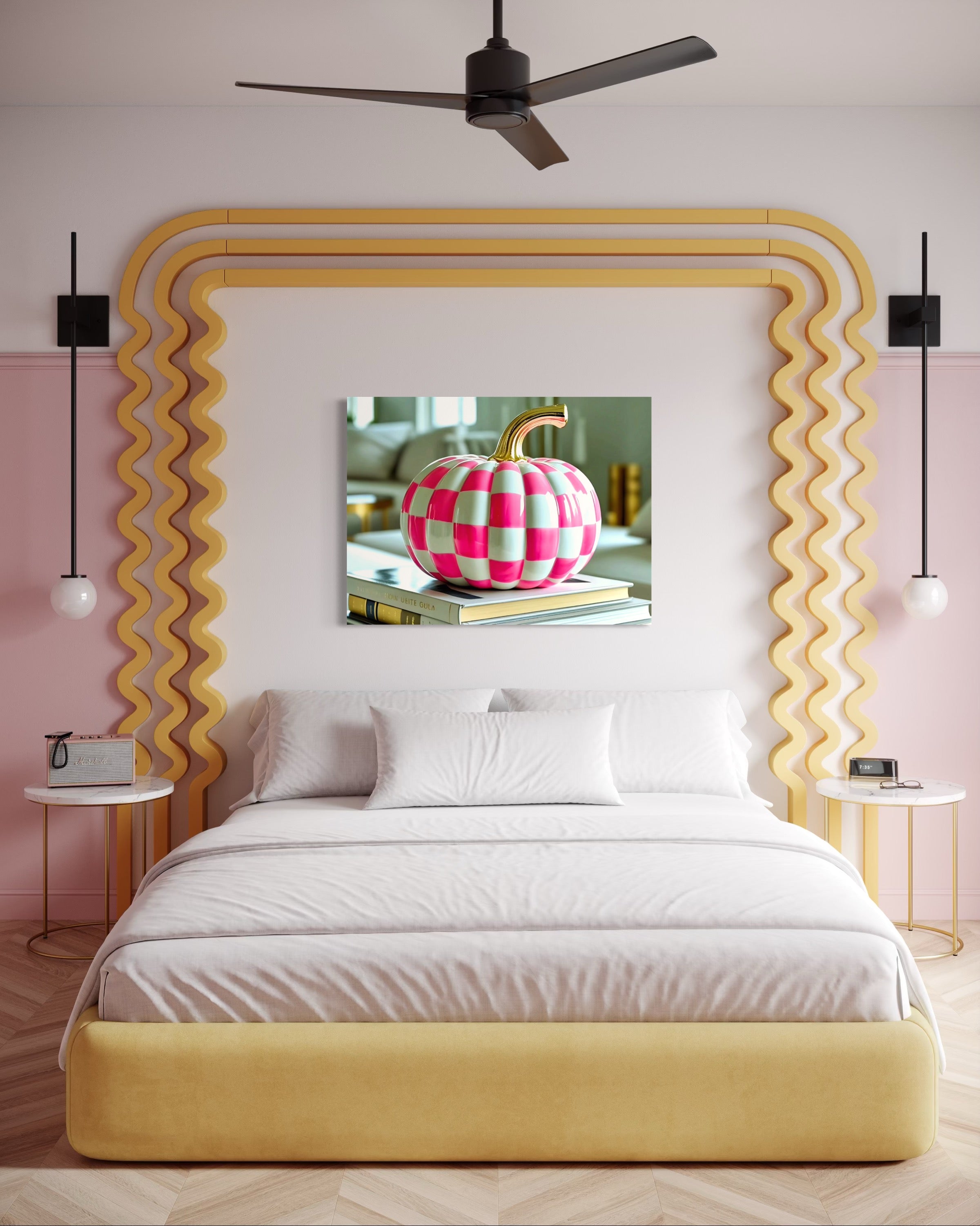 Pink and White Checkered Gold Stem Ceramic Pumpkin
