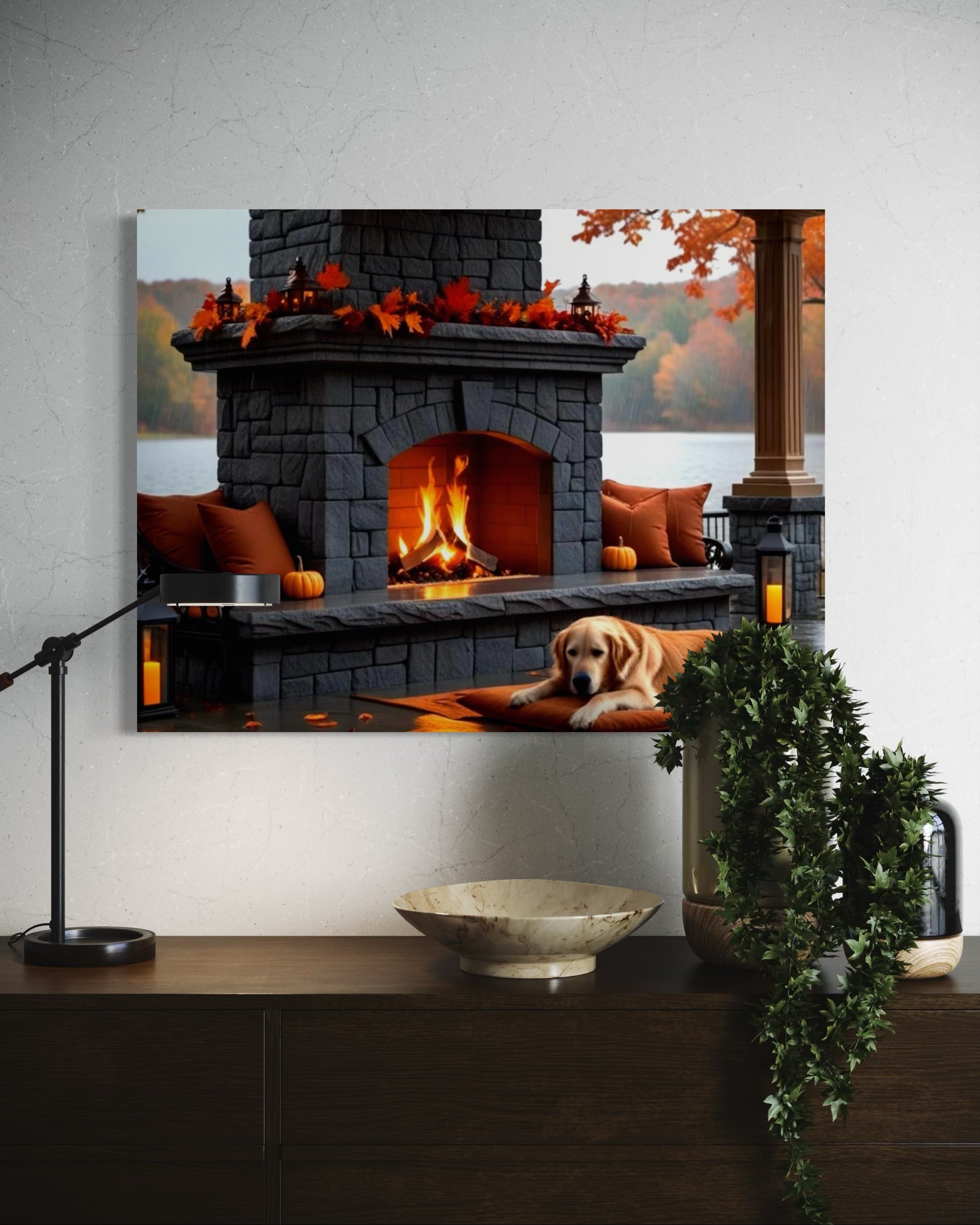 Fall fireplace on the Lake in the Rain