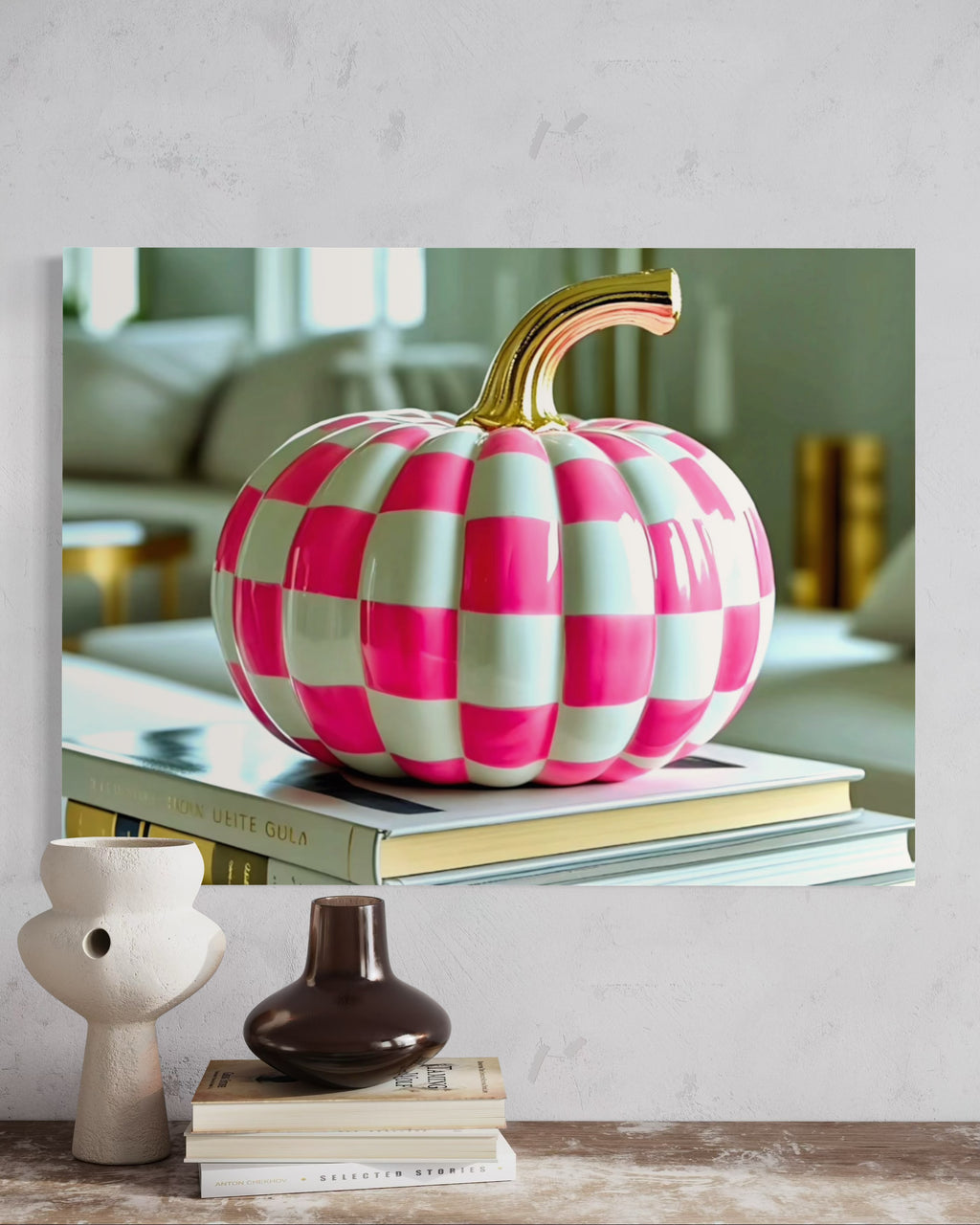 Pink and White Checkered Gold Stem Ceramic Pumpkin