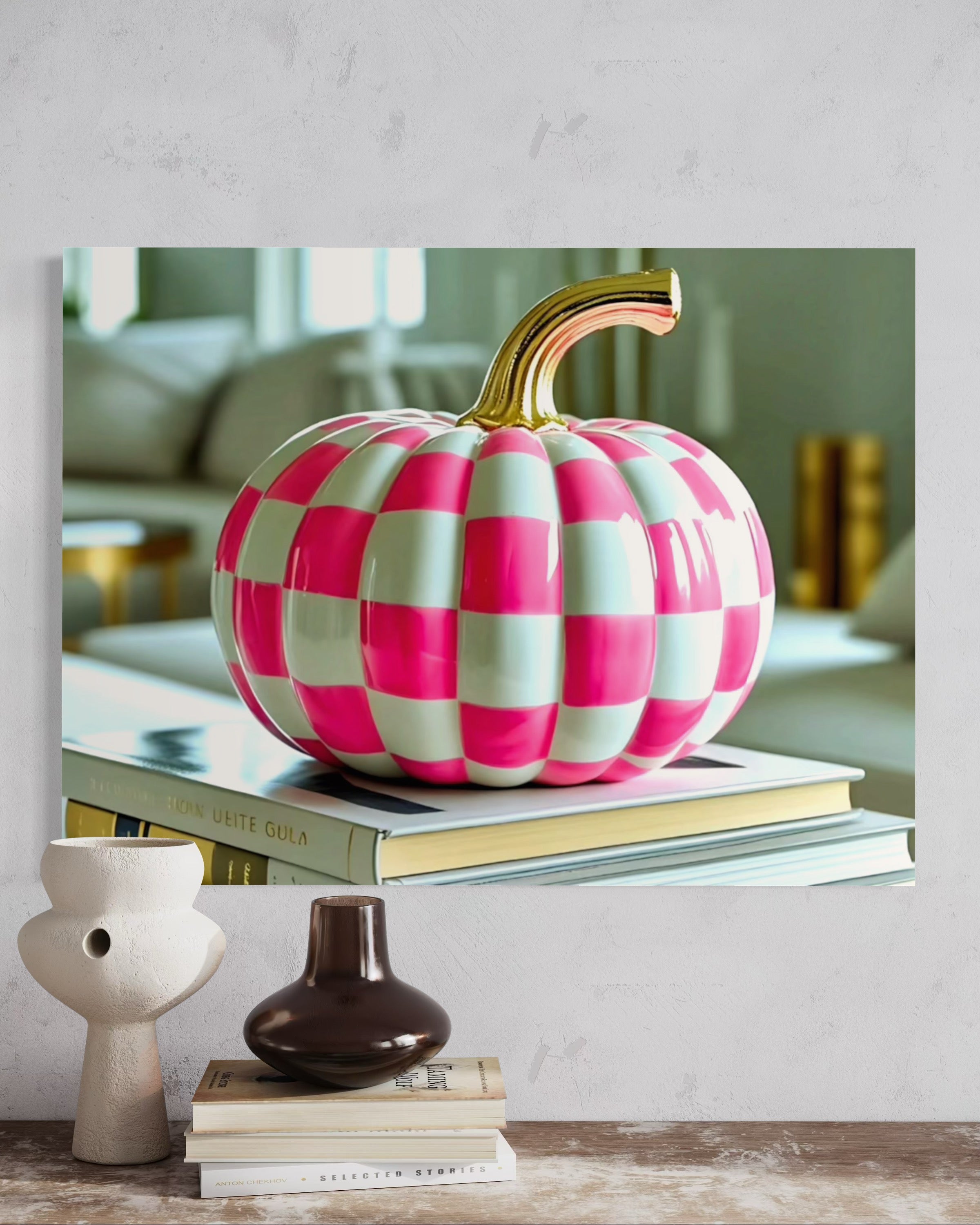 Pink and White Checkered Gold Stem Ceramic Pumpkin