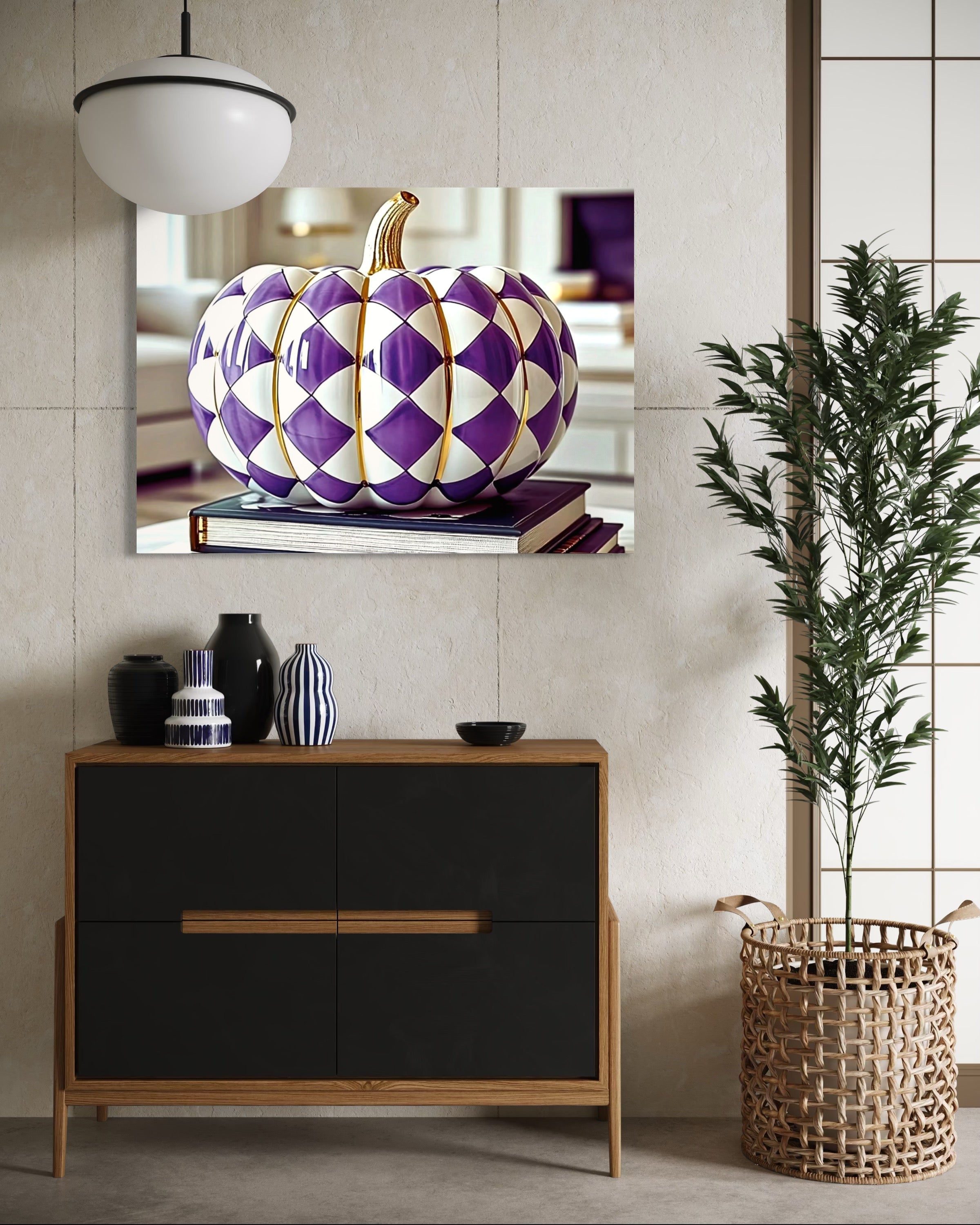 Purple and Gold Checkered Ceramic Pumpkin