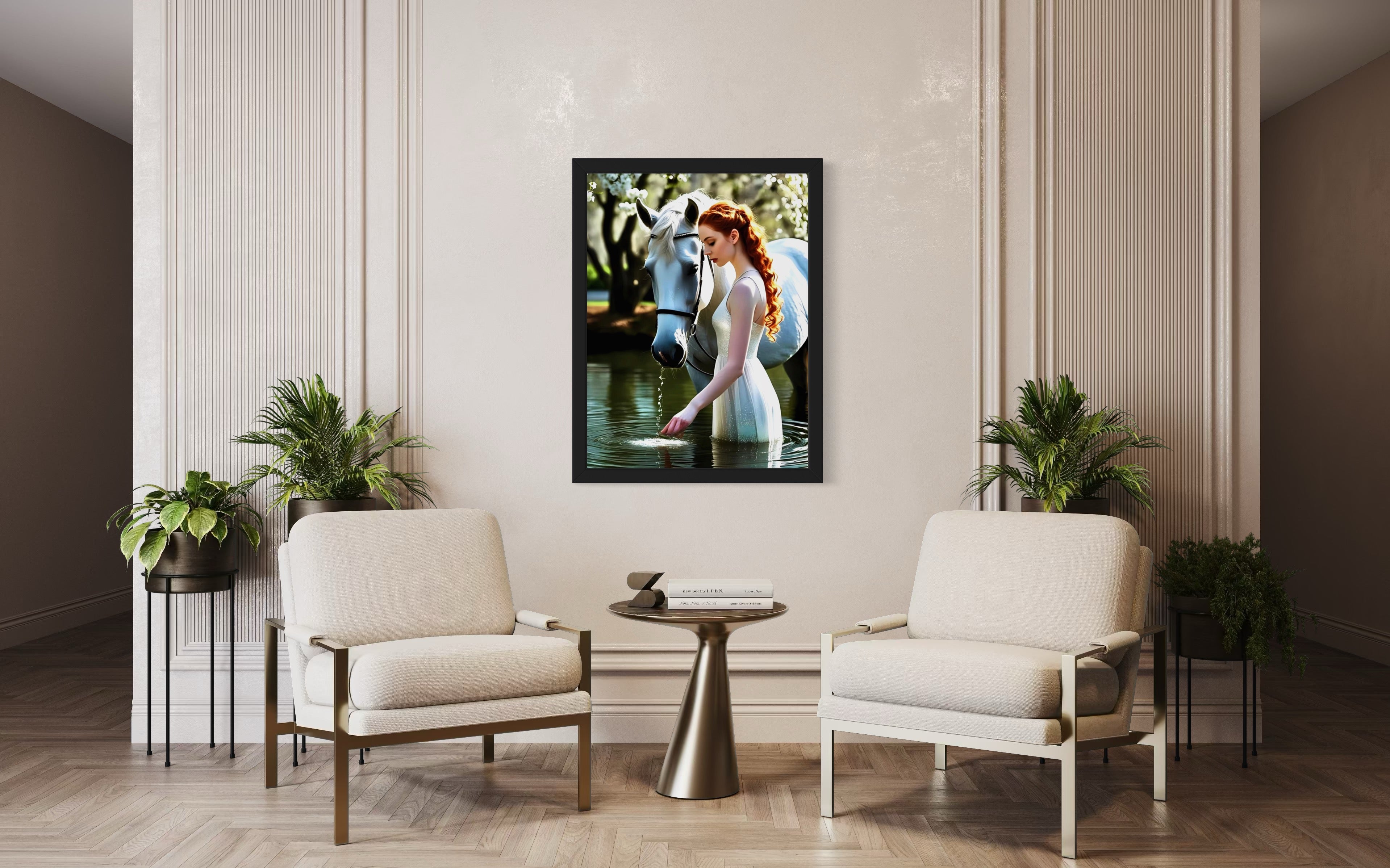 Red Head and White Horse in Tranquil Pond