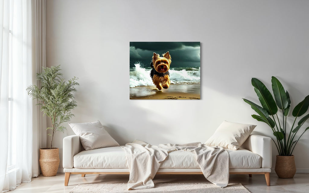 Yorkie running on the Beach in a Storm