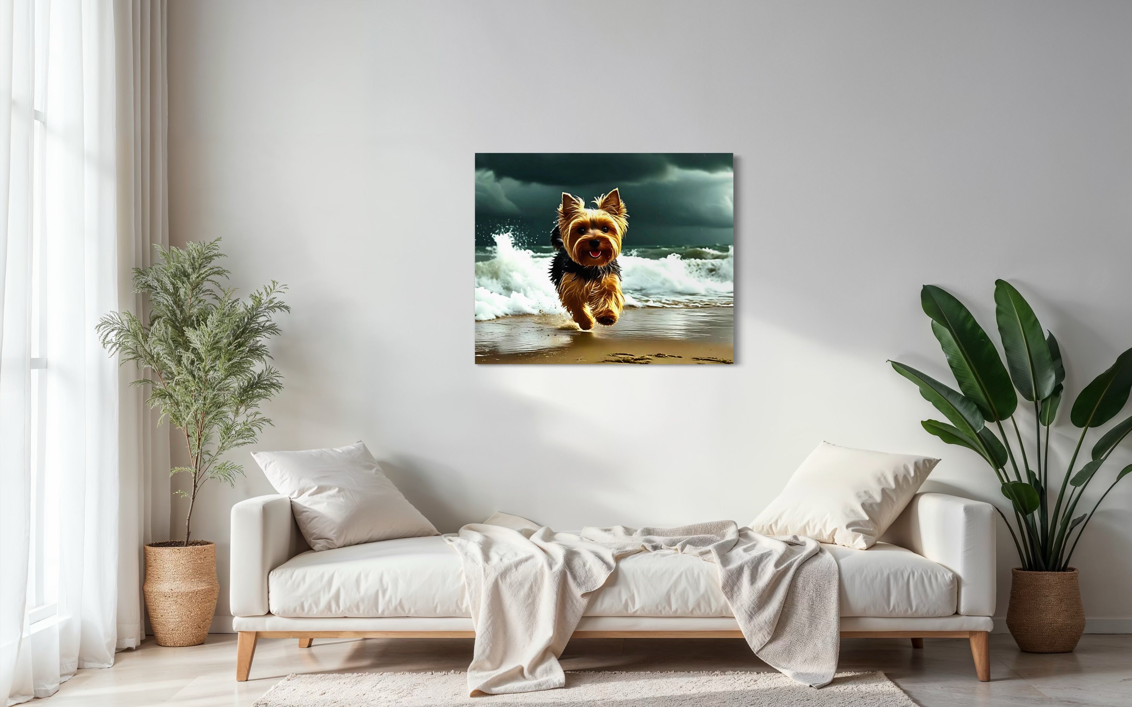 Yorkie running on the Beach in a Storm
