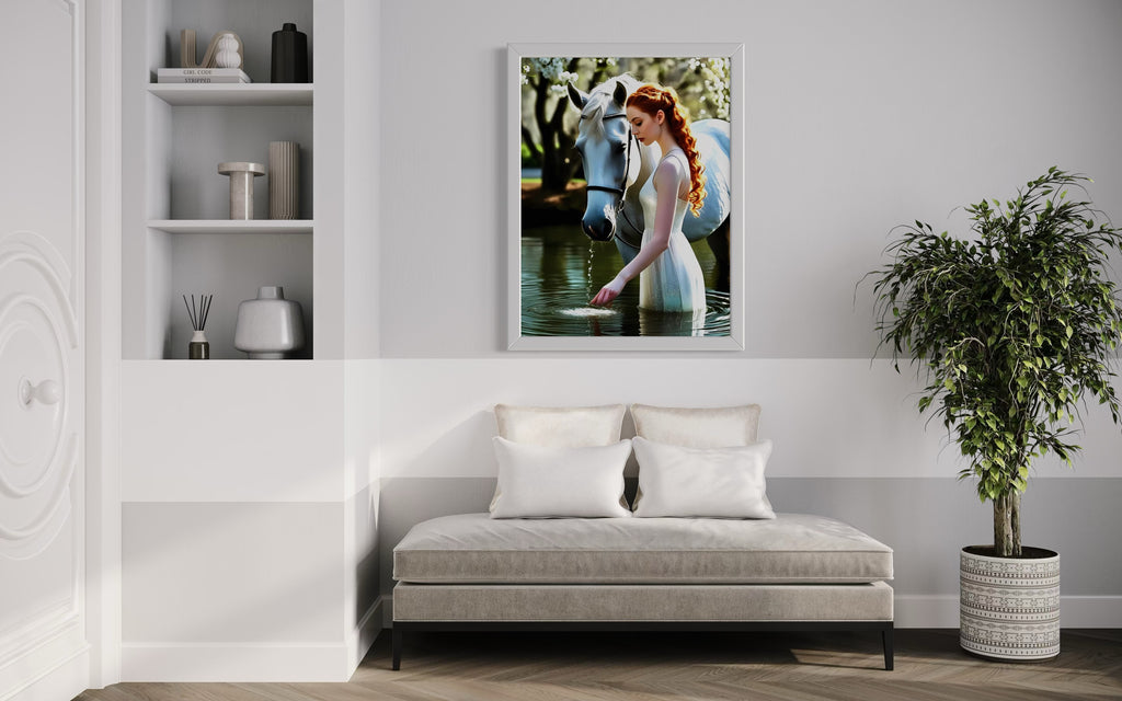 Red Head and White Horse in Tranquil Pond