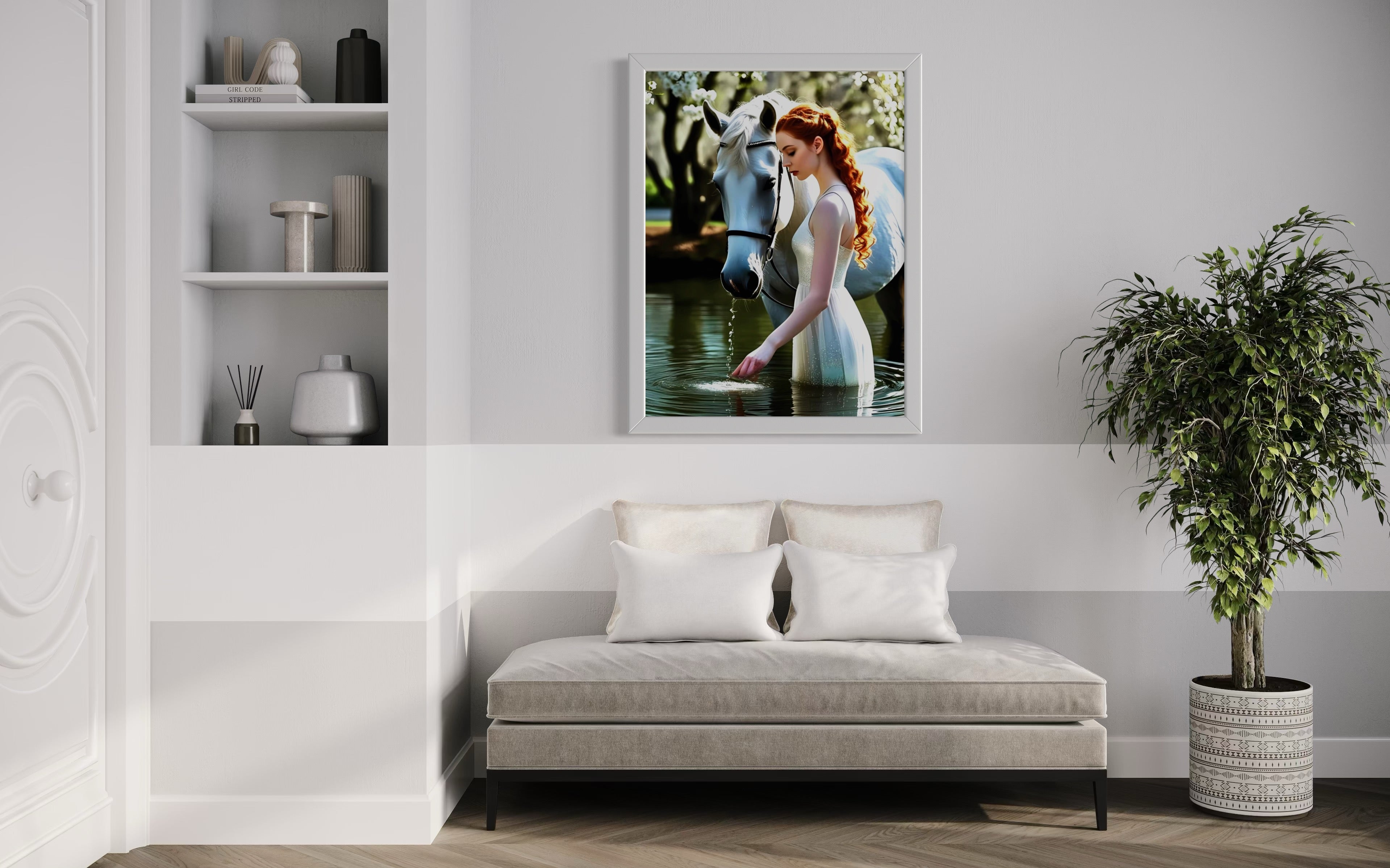 Red Head and White Horse in Tranquil Pond