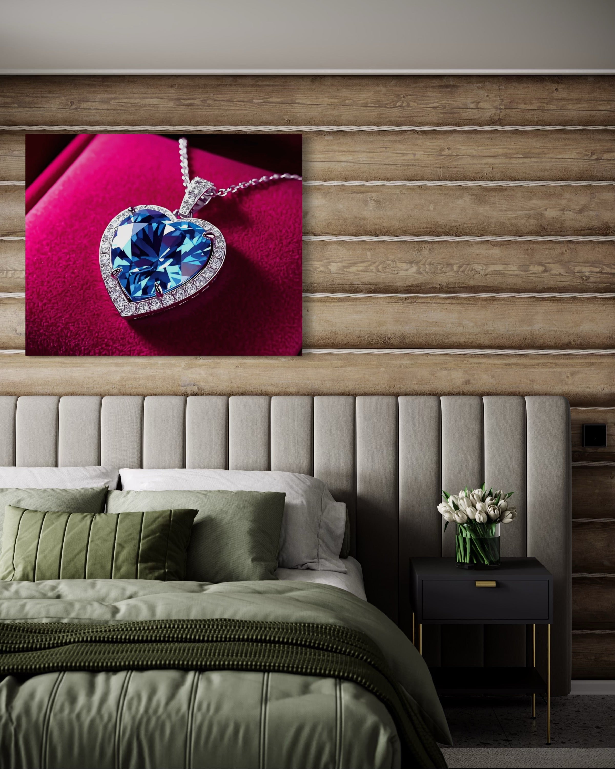 Blue Diamond Heart Necklace on Pink Velvet Museum Print