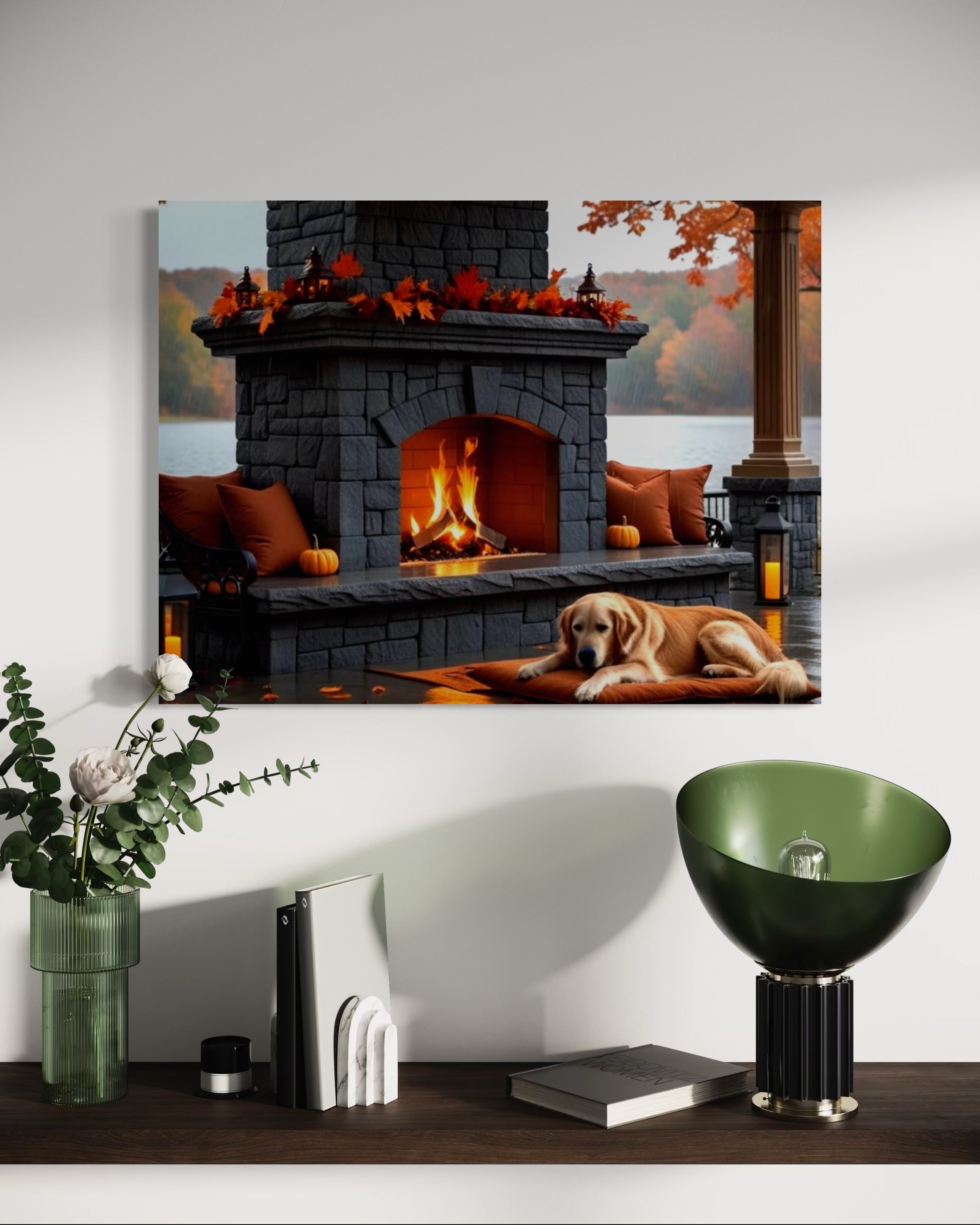 Fall fireplace on the Lake in the Rain