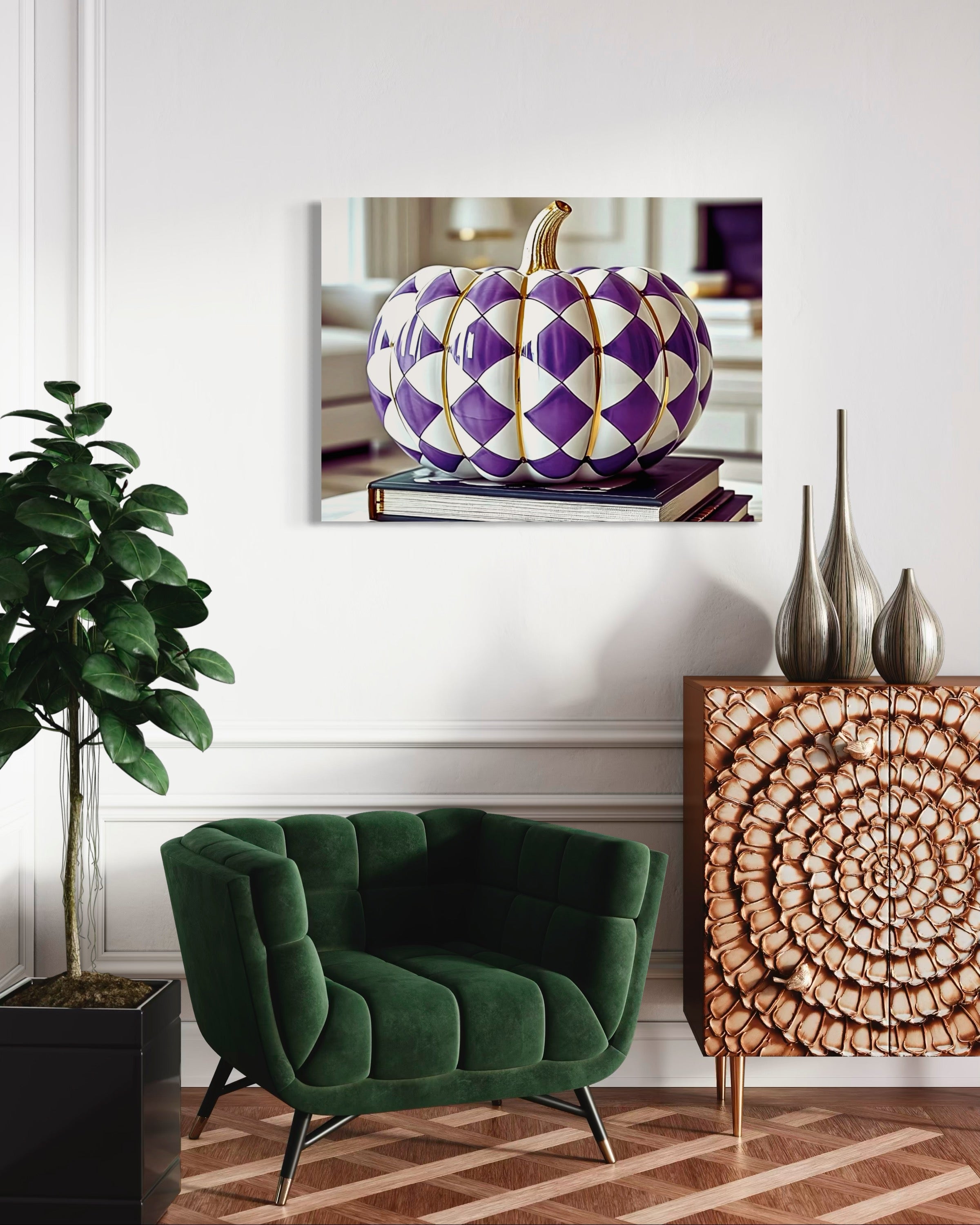 Purple and Gold Checkered Ceramic Pumpkin
