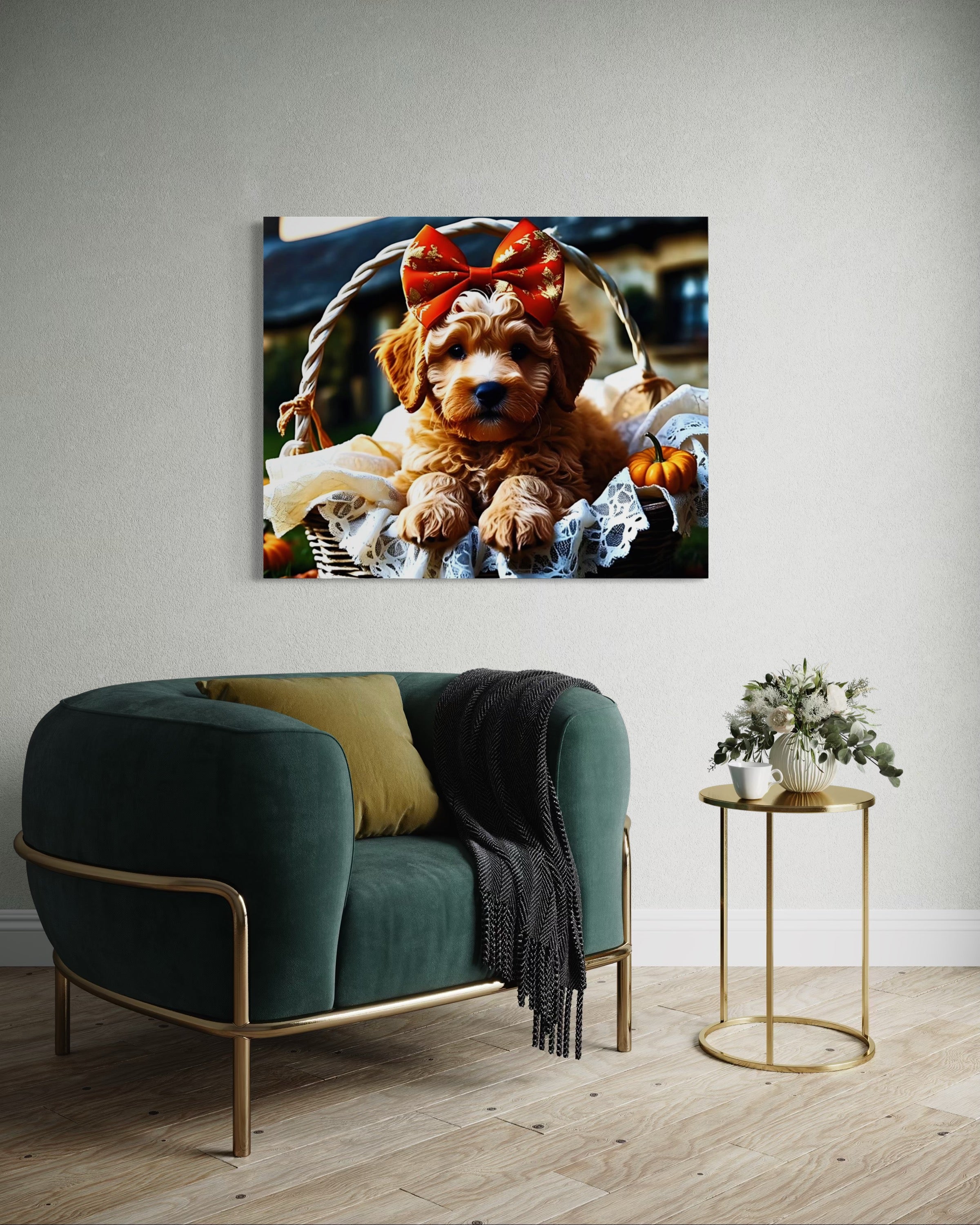 Autumn Goldendoodle Puppy with Bow in Basket