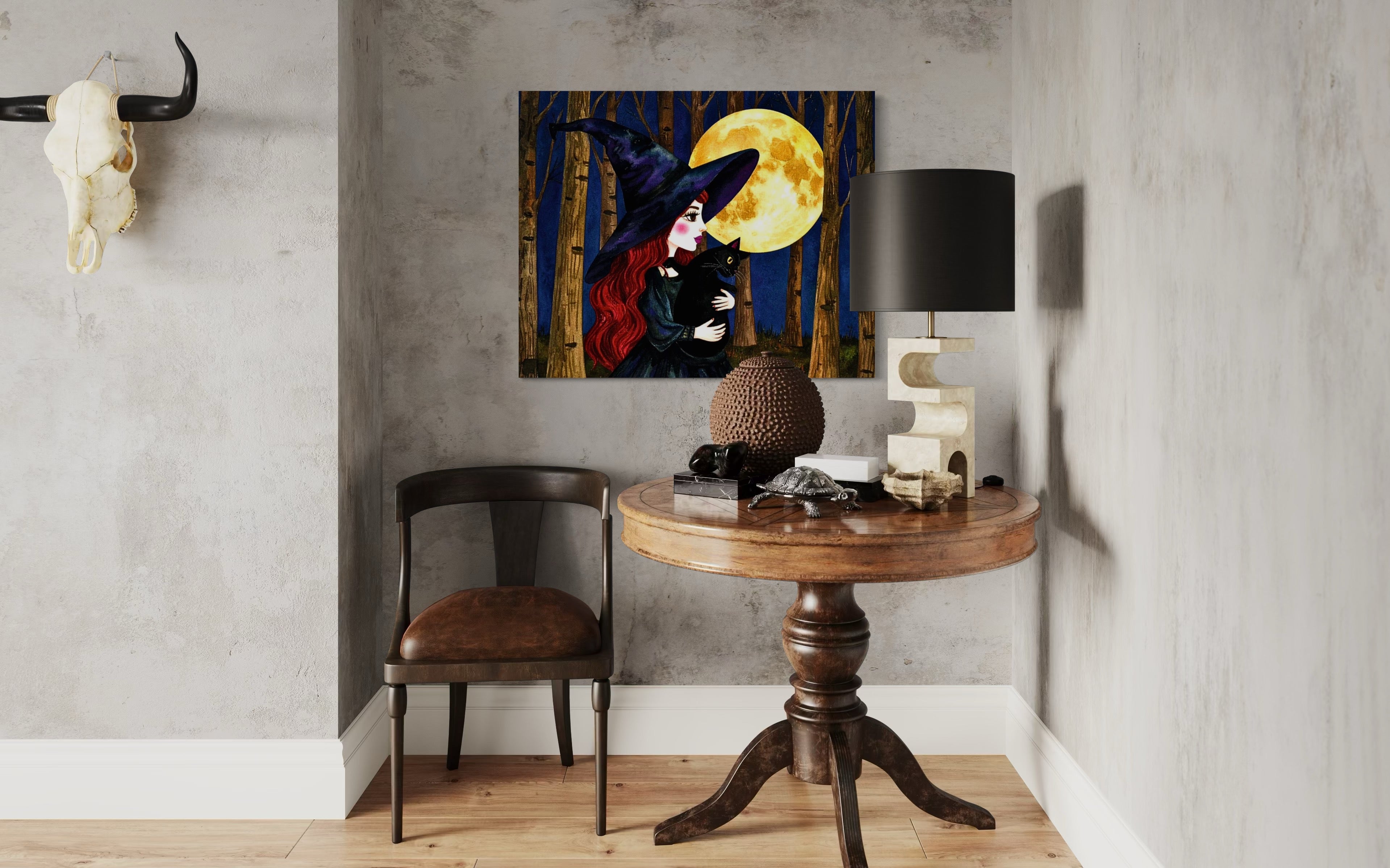 Red Witch with Cat in Moonlight