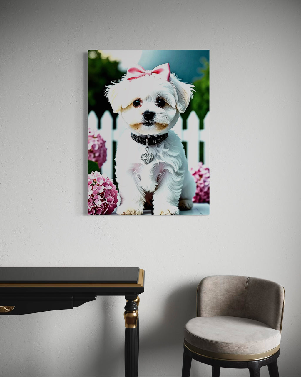 Baby Maltese with Hydrangeas