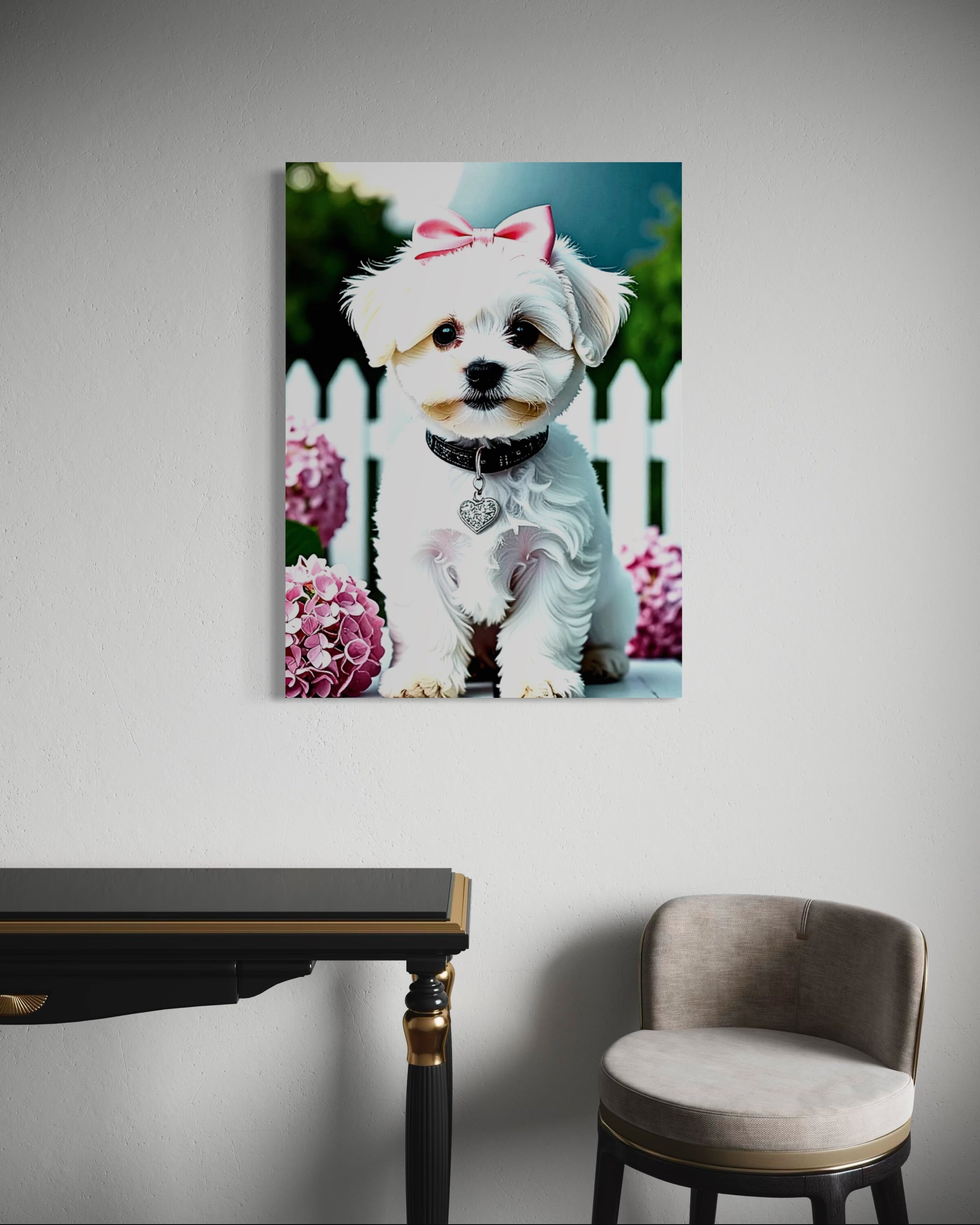 Baby Maltese with Hydrangeas