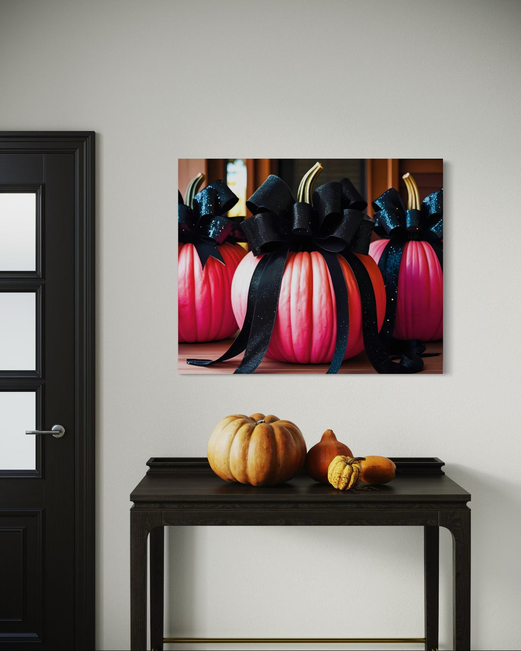 Pink Porch Pumpkins with Black Glittering and Velvet Bows