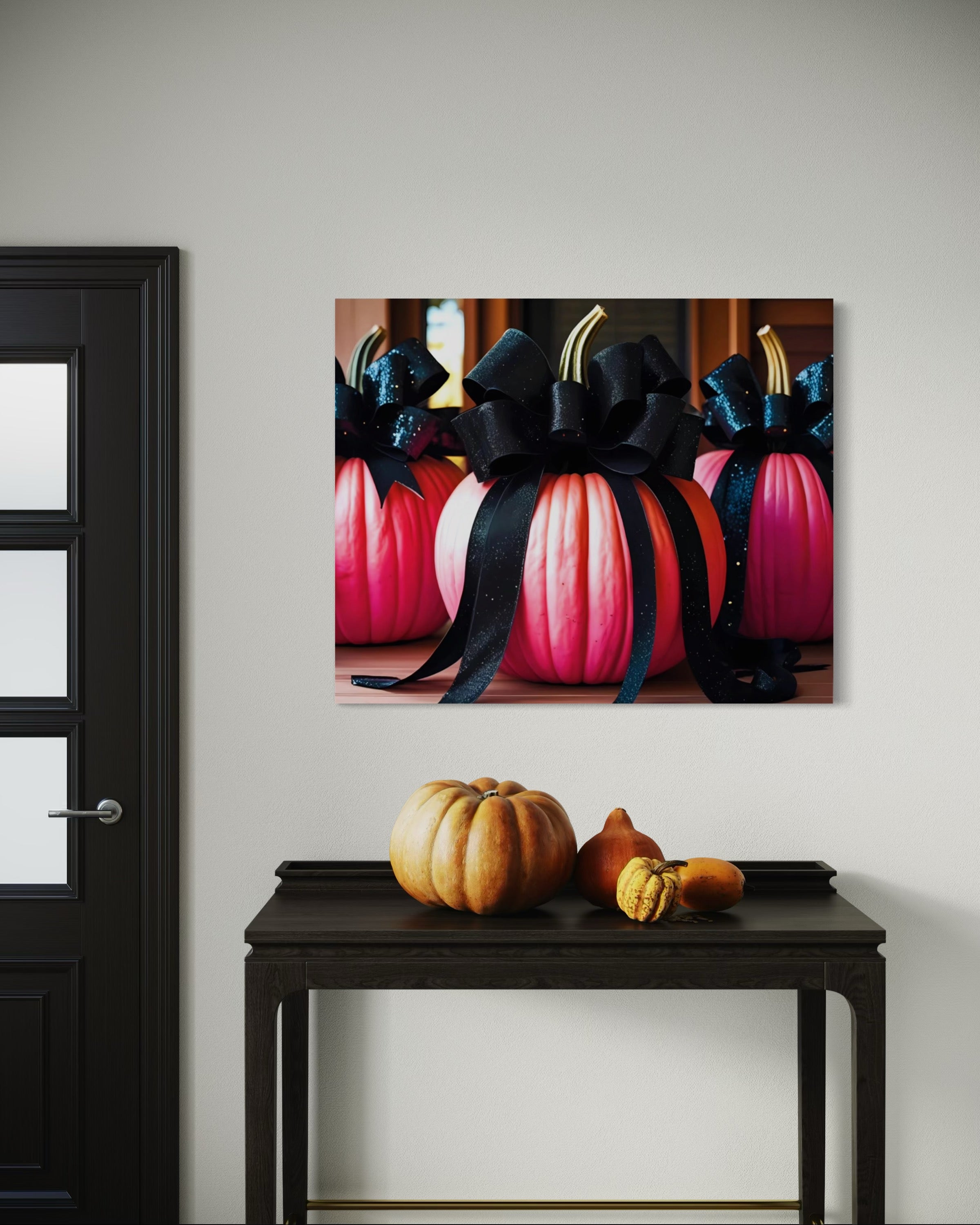 Pink Porch Pumpkins with Black Glittering and Velvet Bows