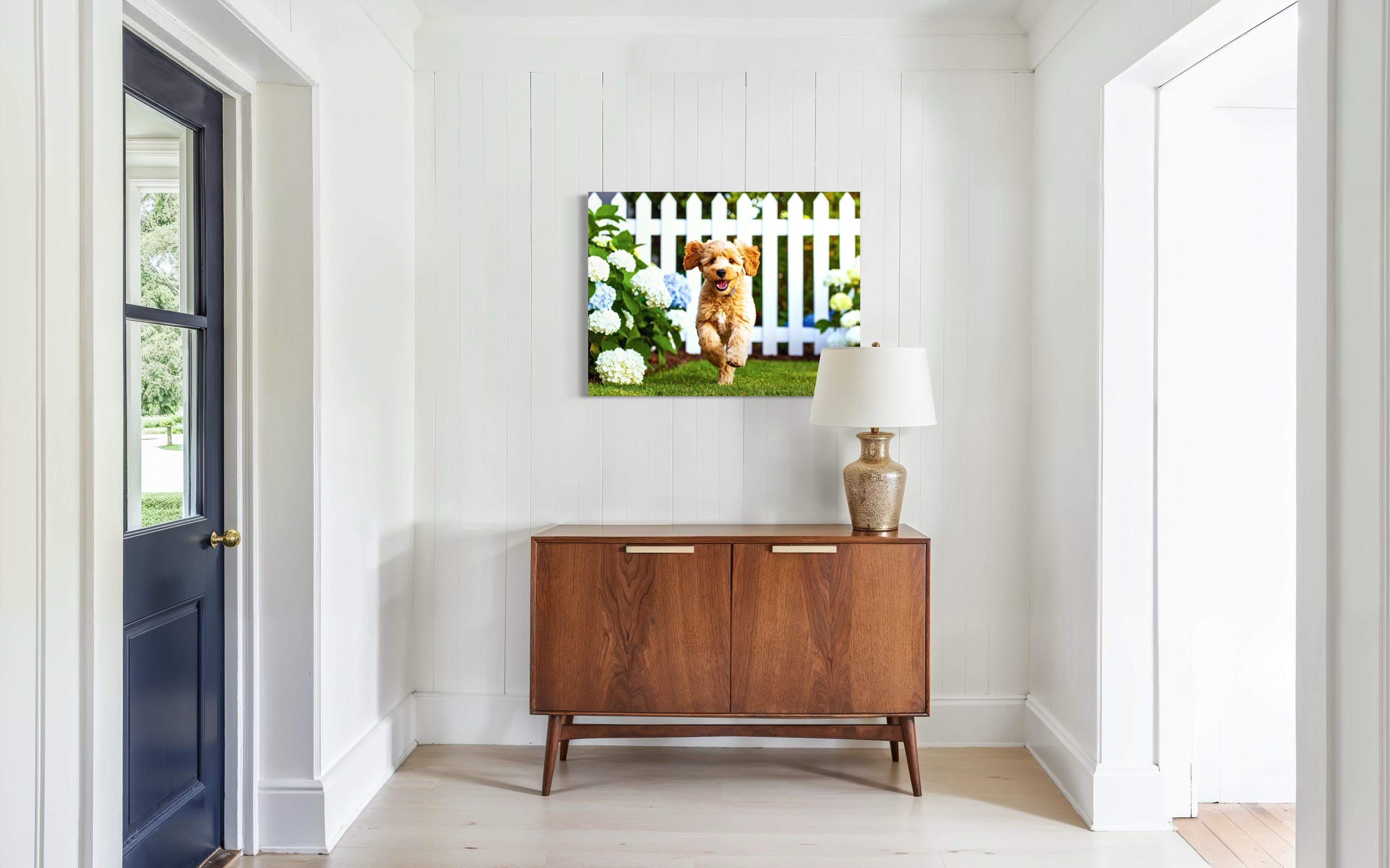 Goldendoodle Puppy Hydrangea Garden Museum Print