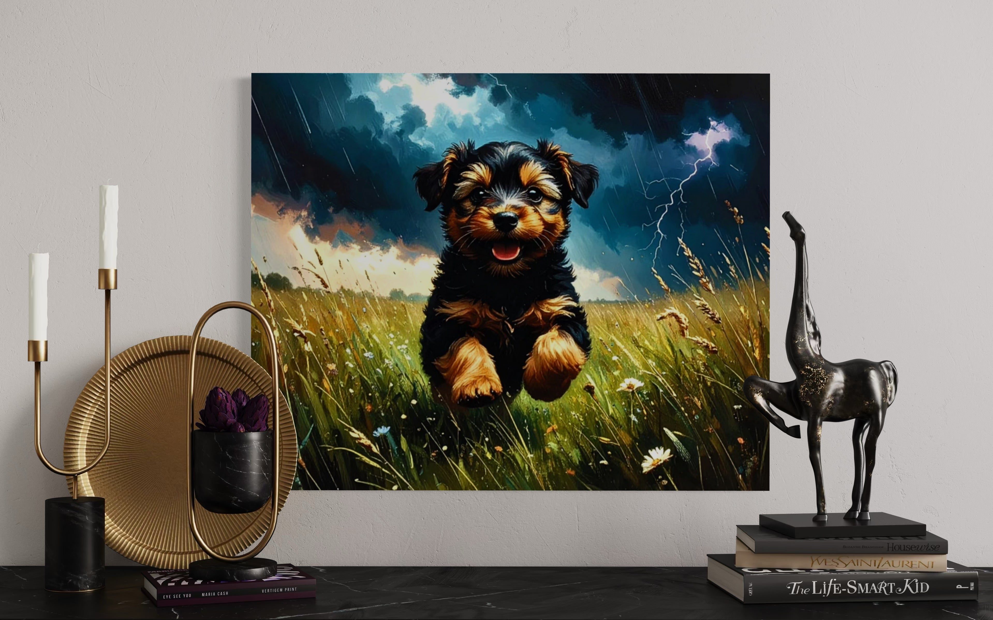 Yorkie in a Stormy Meadow