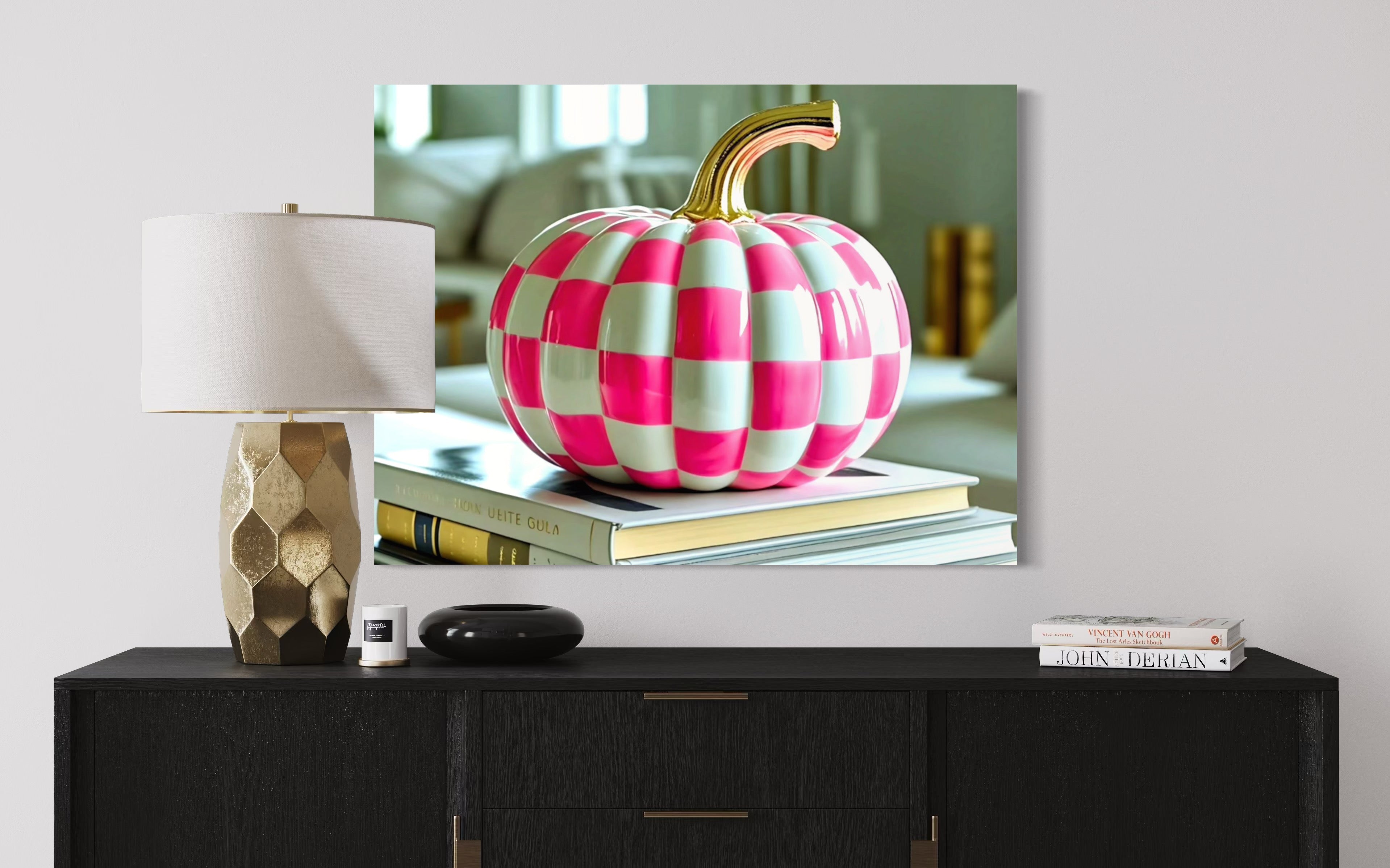 Pink and White Checkered Gold Stem Ceramic Pumpkin