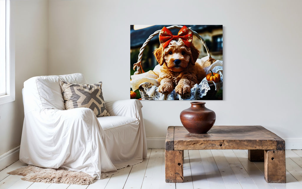 Autumn Goldendoodle Puppy with Bow in Basket