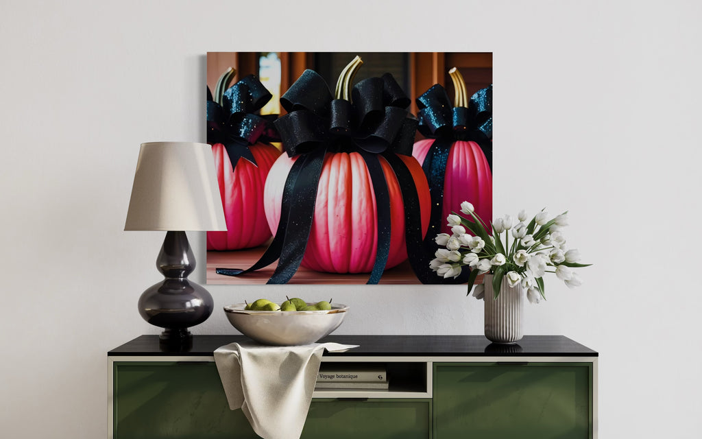 Pink Porch Pumpkins with Black Glittering and Velvet Bows