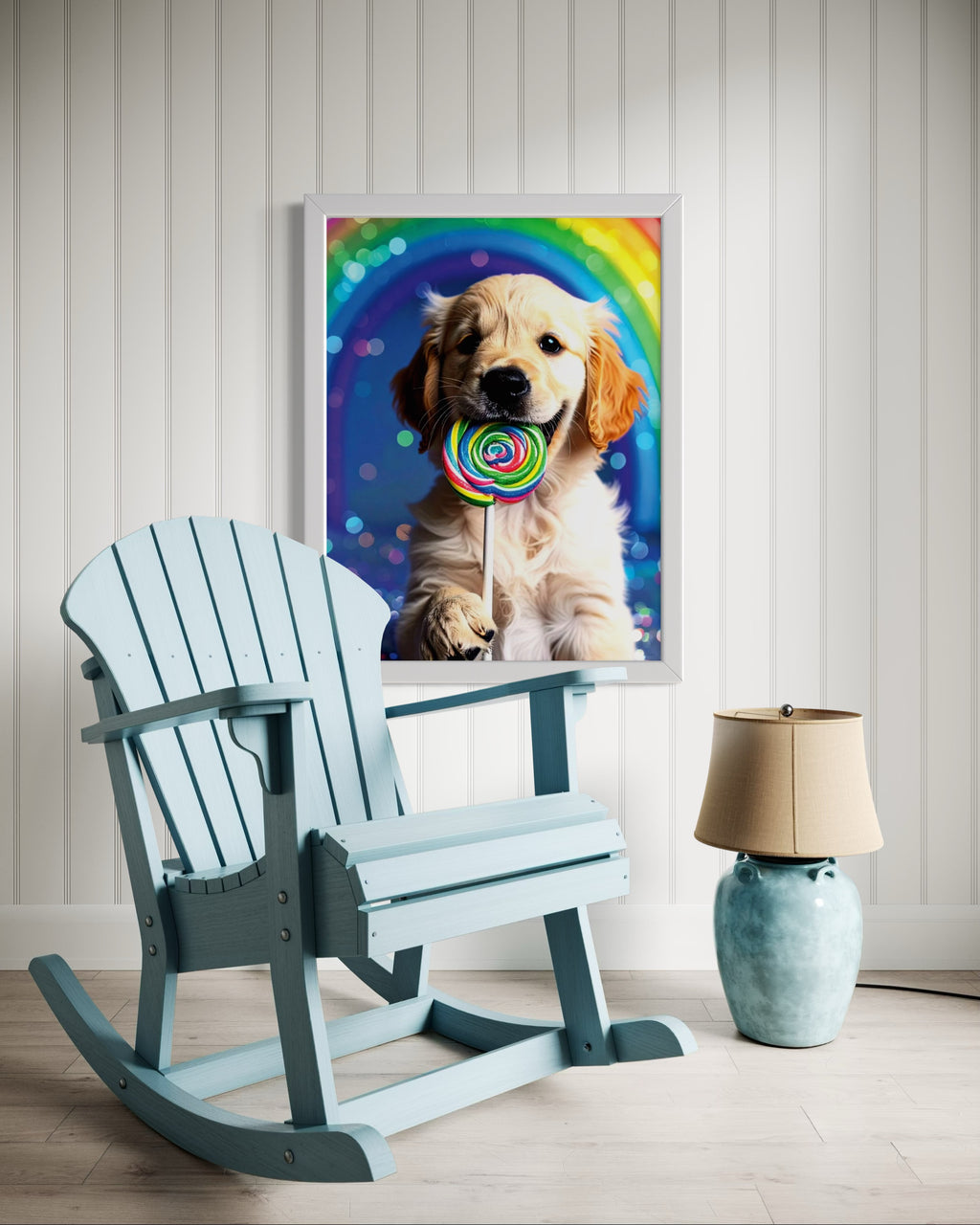 Golden Retriever Puppy with Rainbow Lollipop Museum Print