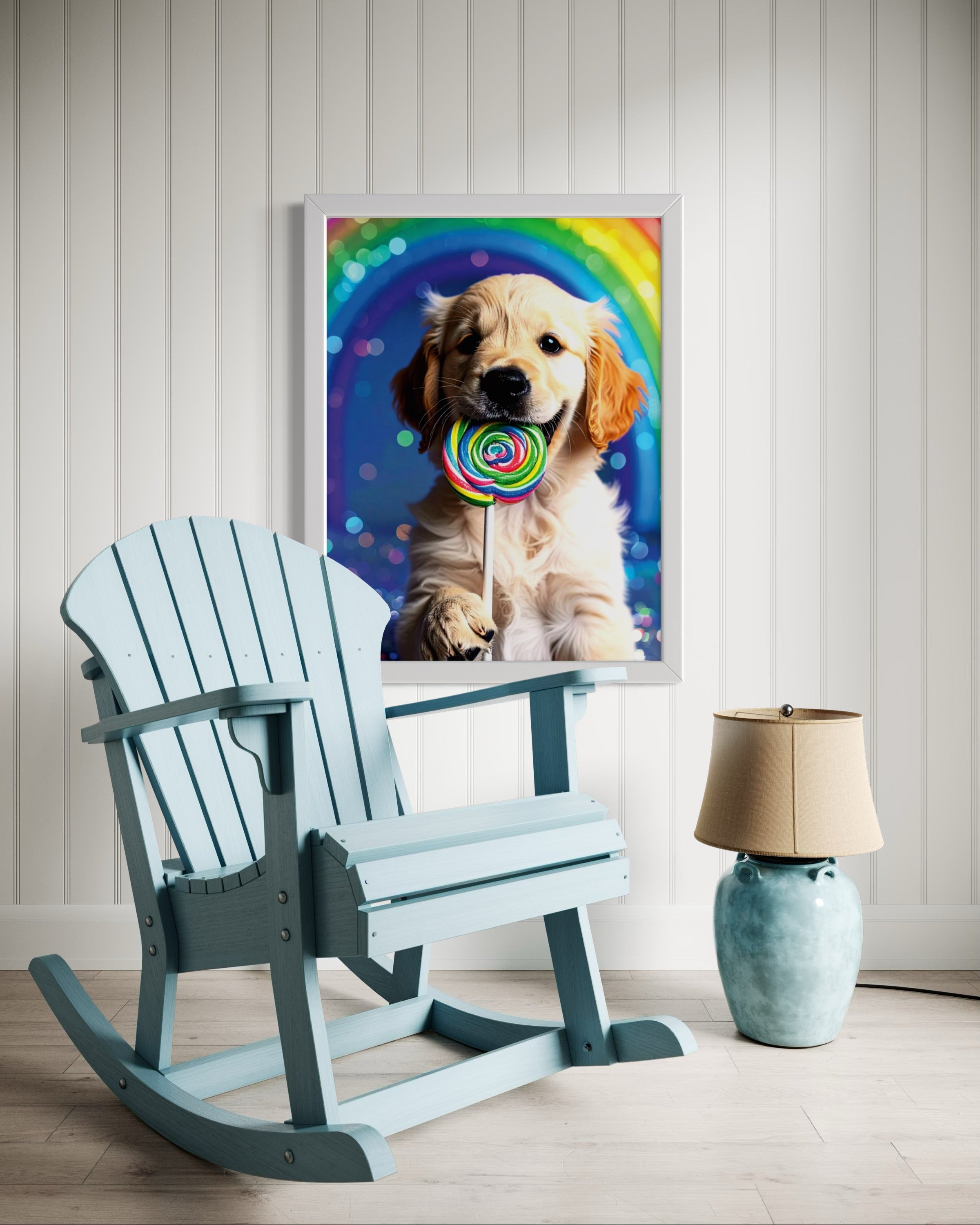 Golden Retriever Puppy with Rainbow Lollipop Museum Print