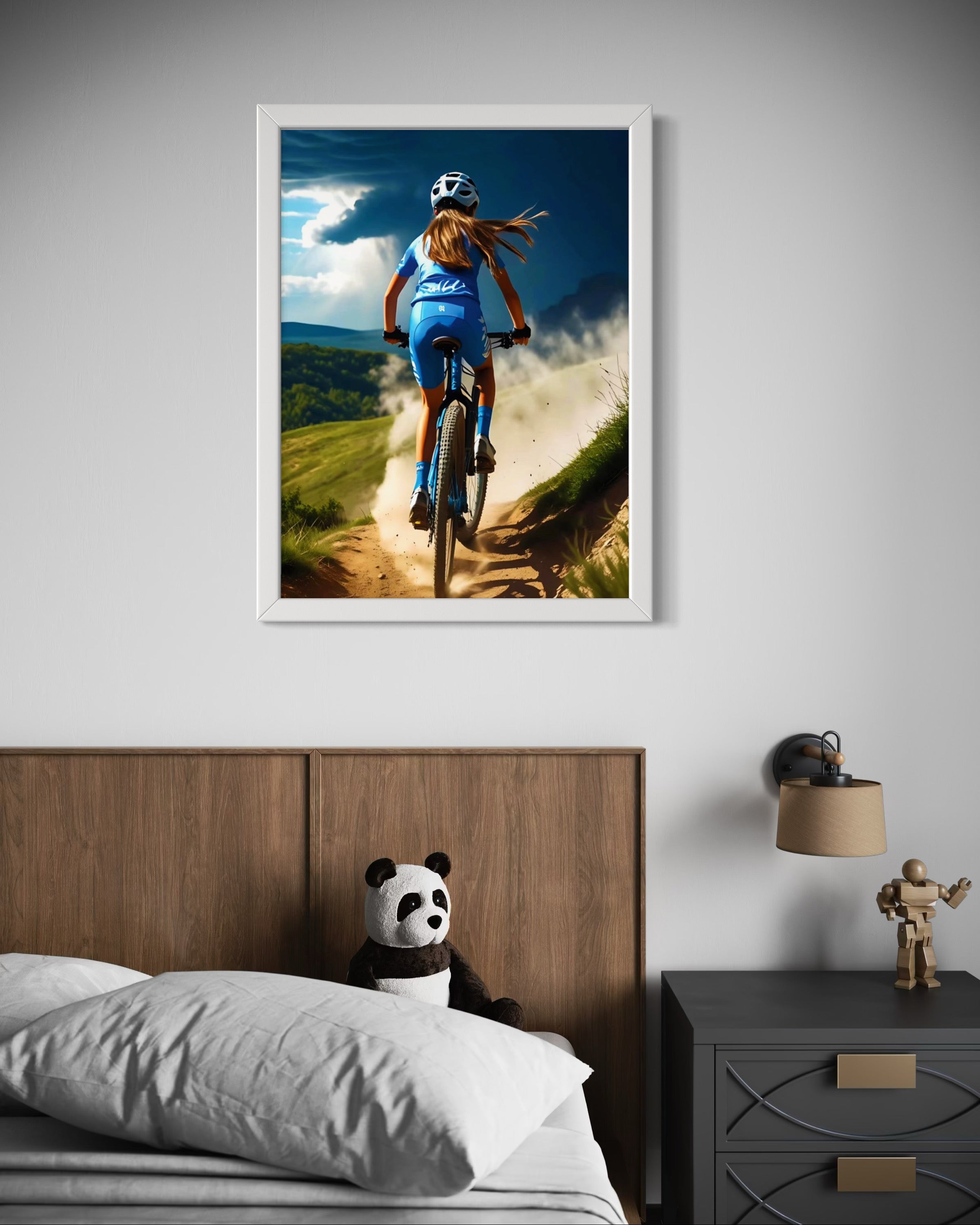 Girl Mountain Biking Blue Museum Print