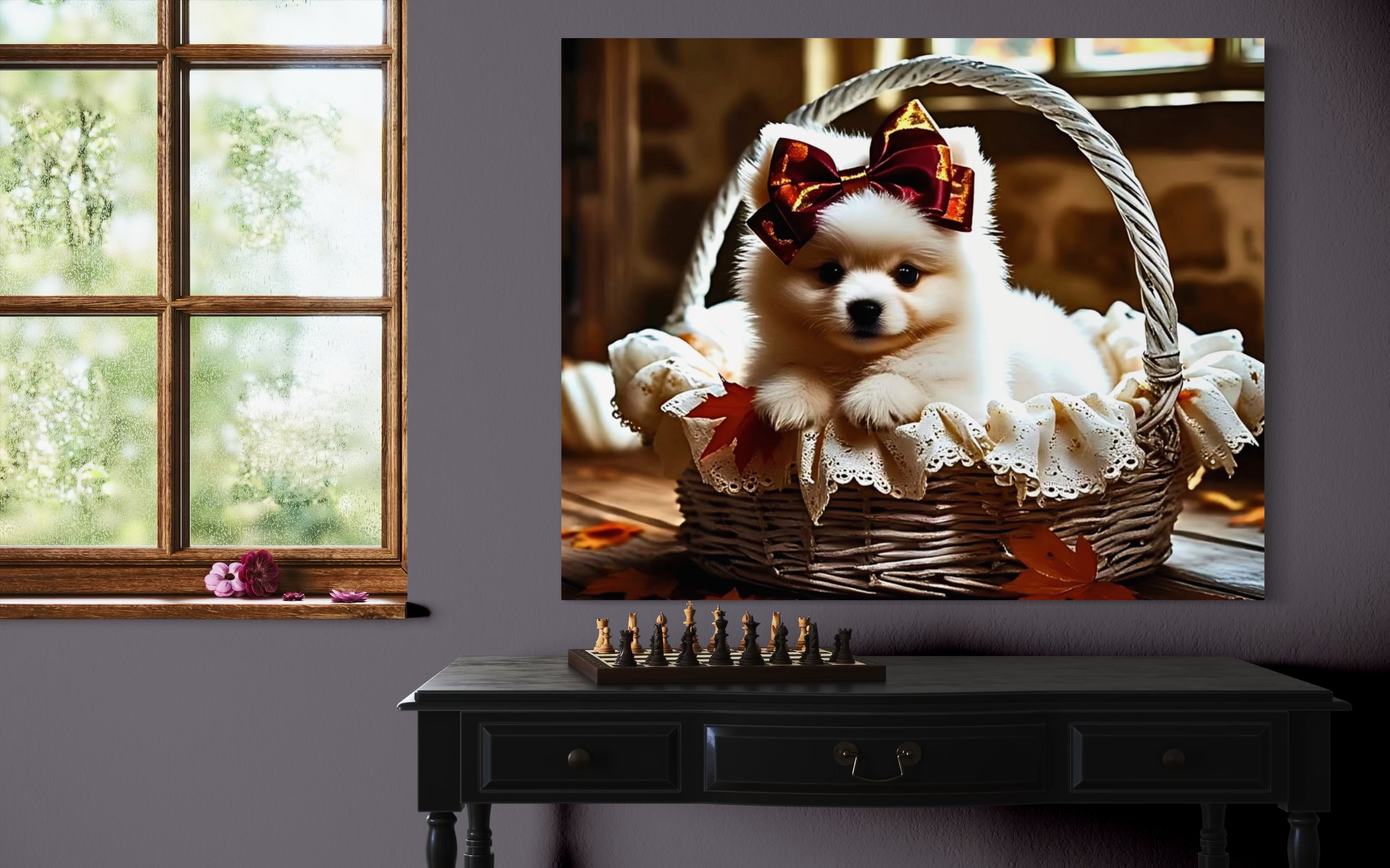 Autumn Pomeranian Puppy Girl with Bow in Basket